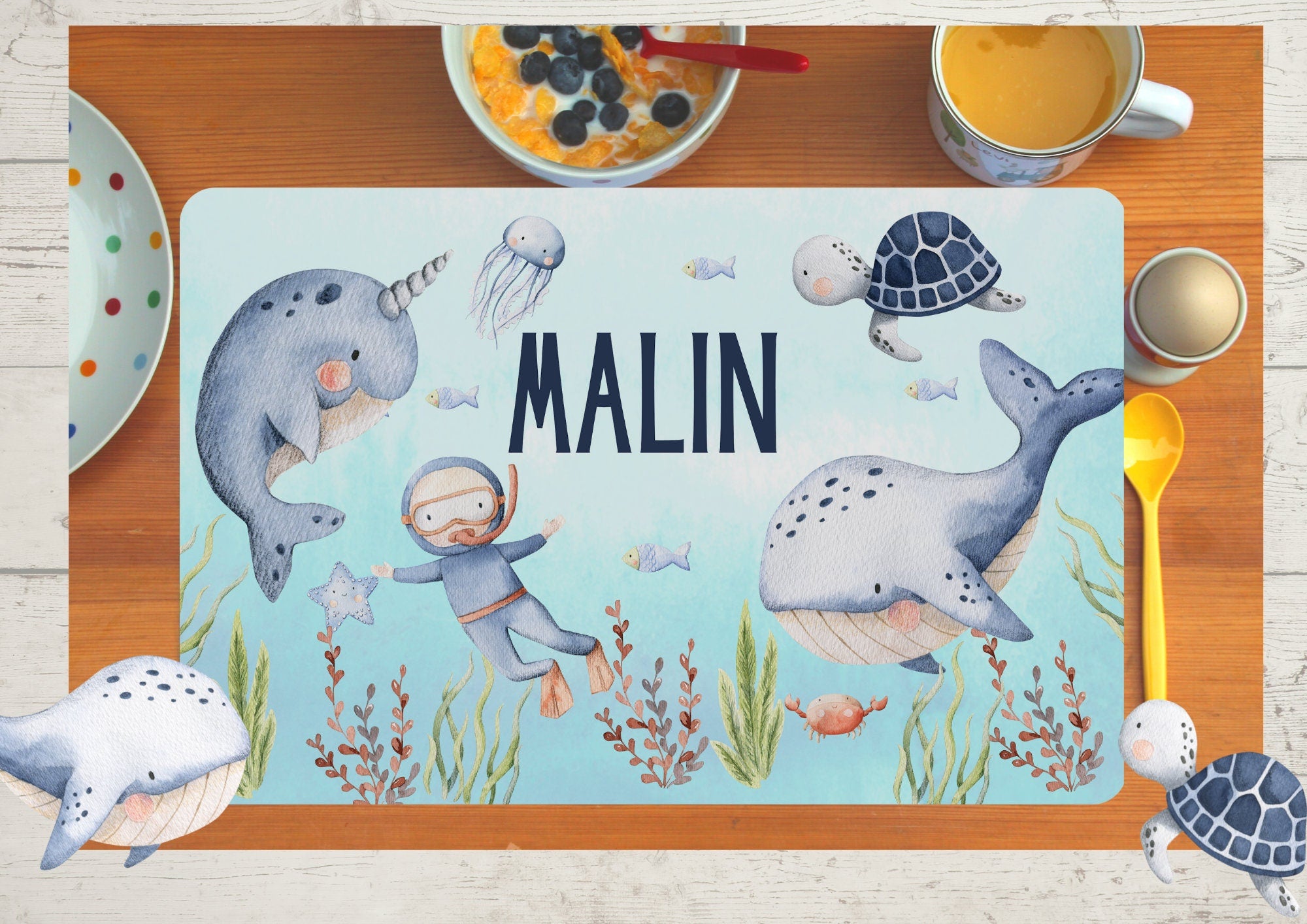 Platzdeckchen mit Name Wal Unterwasser Taucher Meer Maritim – Placemats