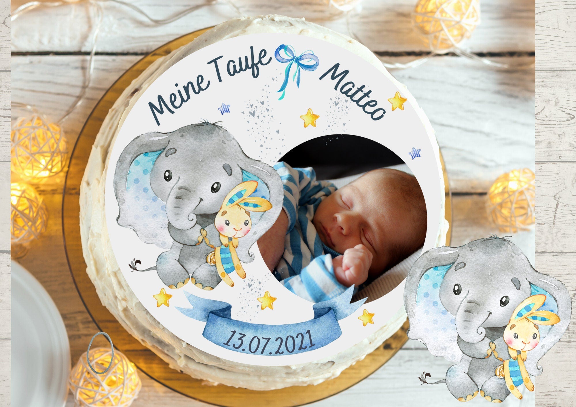 Tortenaufleger für die Taufe mit Foto Fondant Taufe Elefant Baby blau