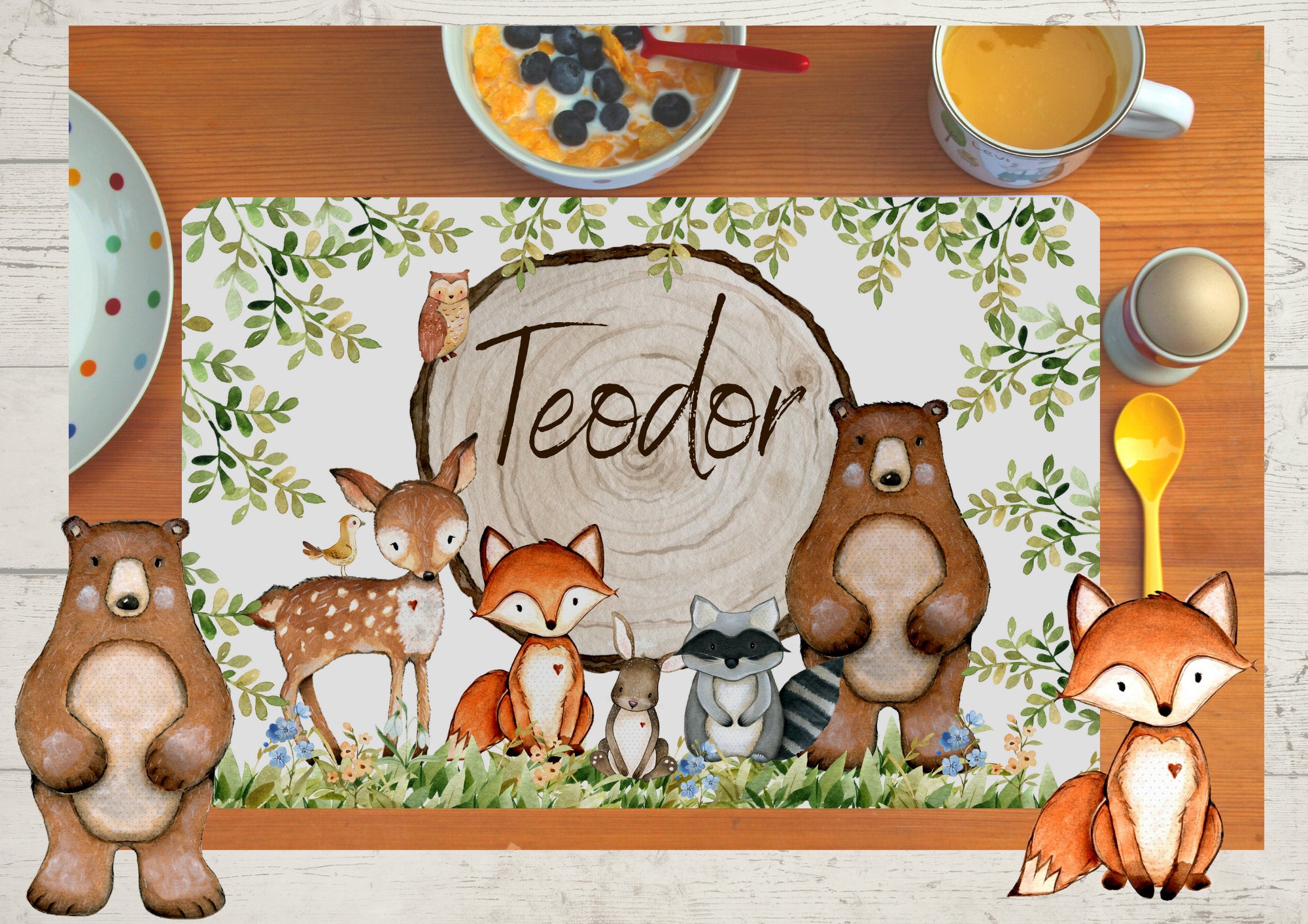 Platzdeckchen mit Name Waldtiere Fuchs Bär – Placemats