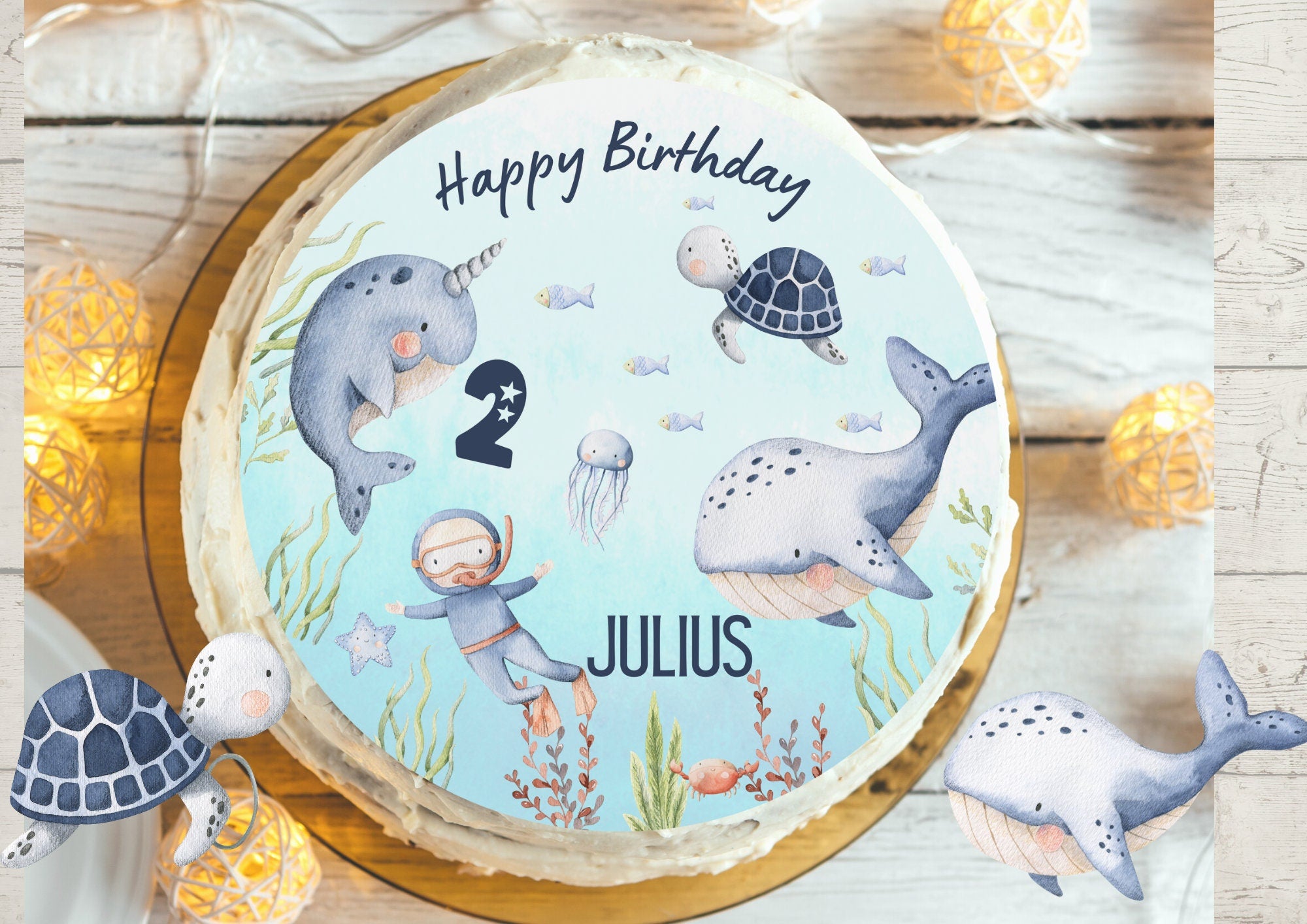 Tortenaufleger Unterwasser personalisiert – Fondantbild Wal Schildkröte Narwal – mit Name & Zahl – Ozean Geburtstagskuchen – Party Decor