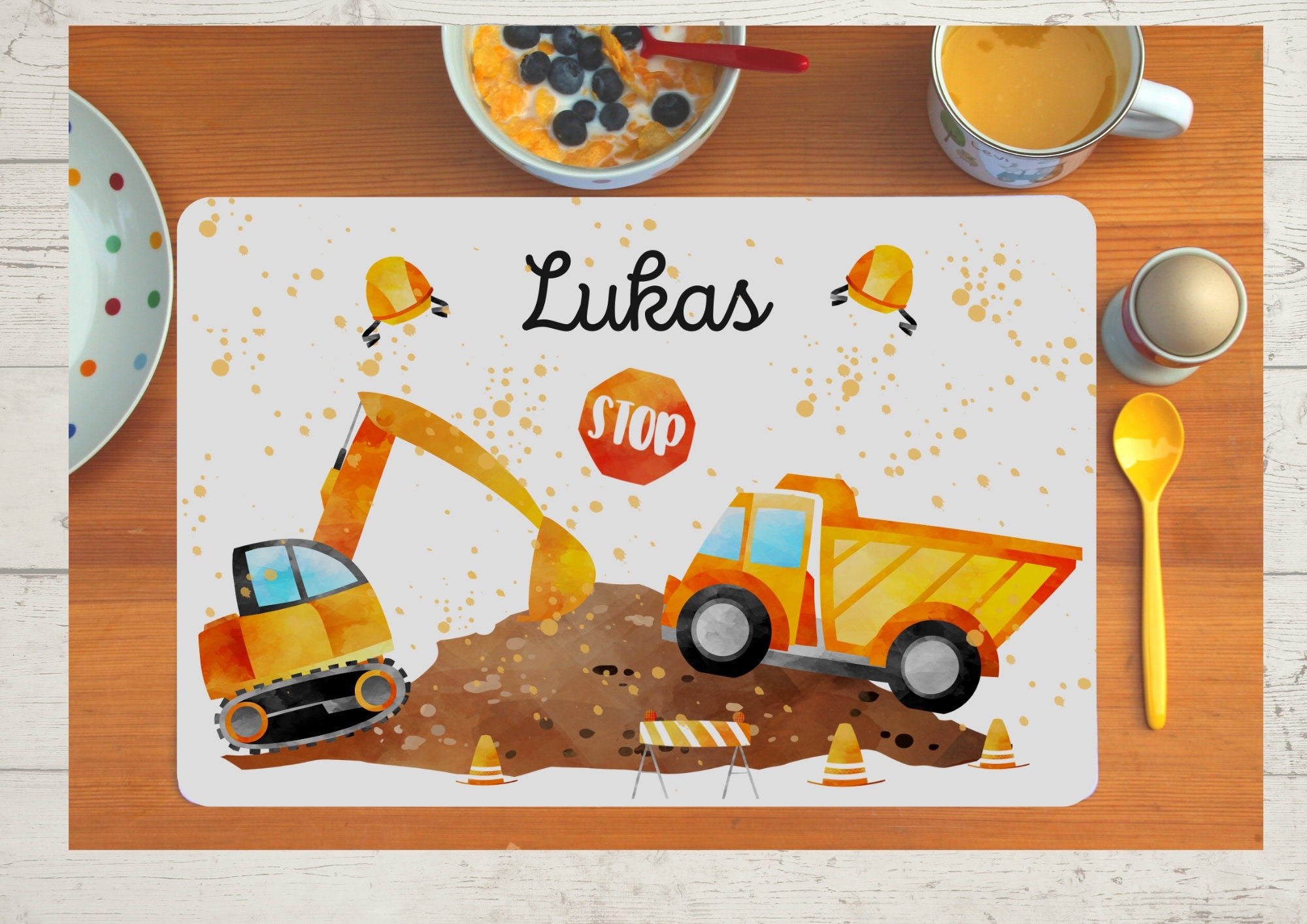Platzdeckchen mit Name Baustelle Bagger Radlader Baufahrzeuge – Placemats