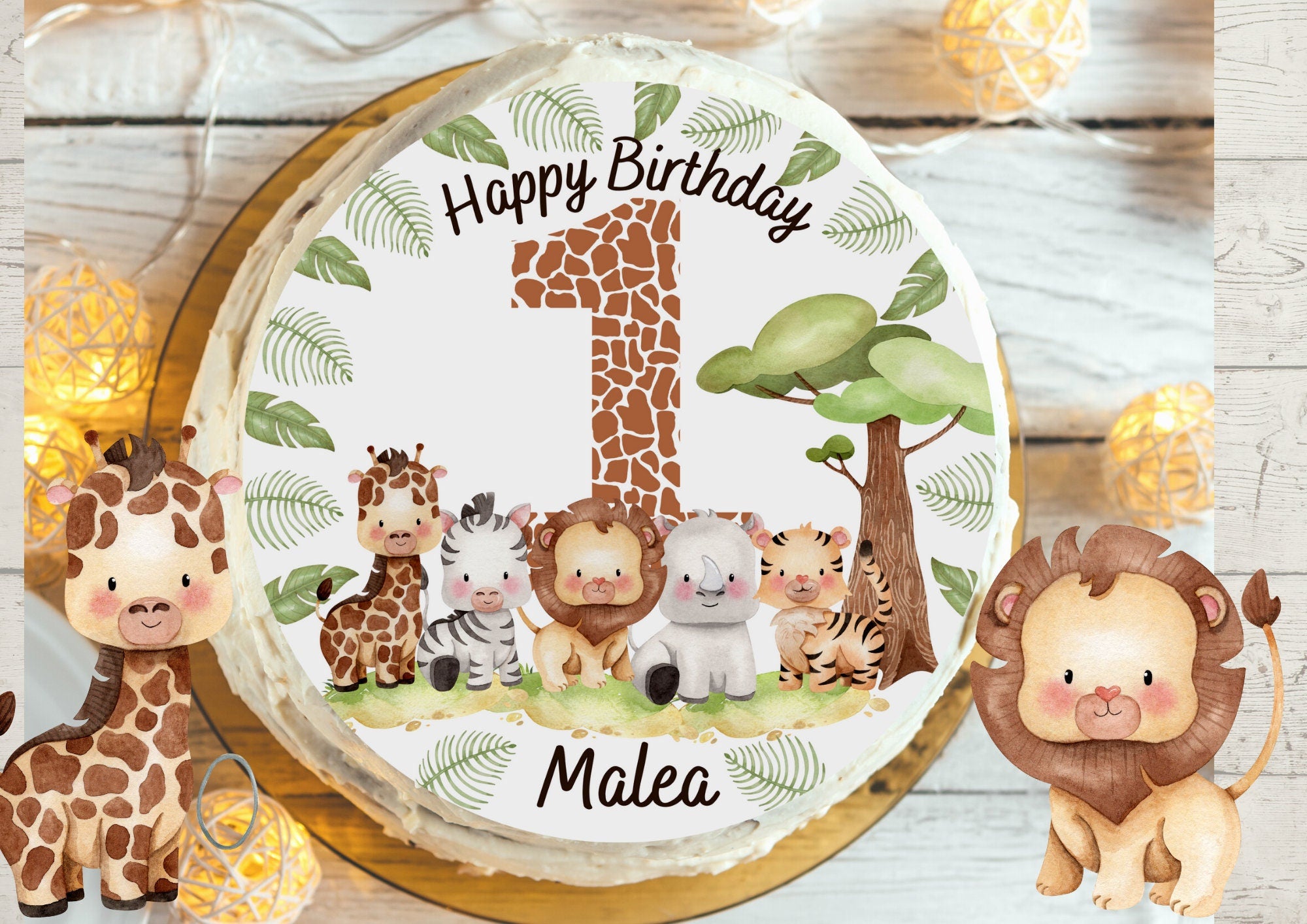 Essbarer Tortenaufleger mit Dschungeltieren – Löwe, Tiger, Zebra, Elefant – aus Fondant für Wild-One-Motto oder Safari-Kindergeburtstag