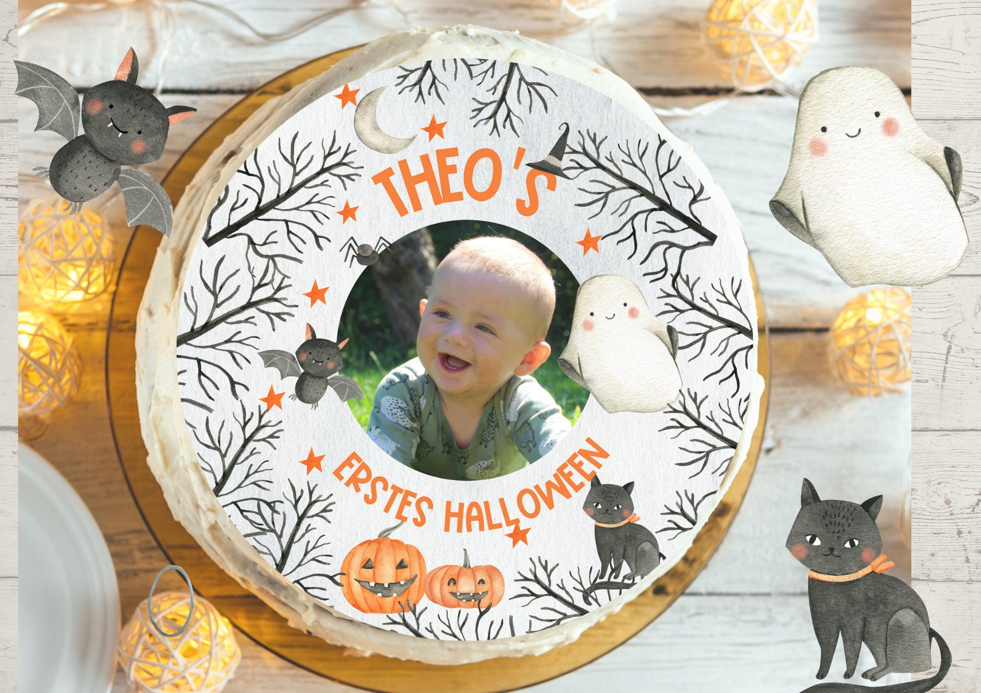 Tortenaufleger mit Foto Fondant Halloween Deko Babys erstes Halloween Kürbis