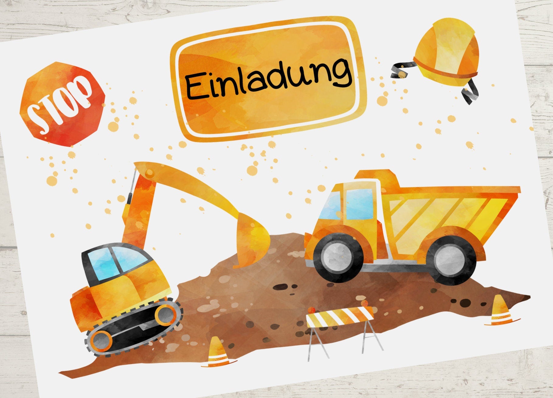 8 Einladungskarten für den geburtstag Bagger Radlader Baustelle Bauarbeiter