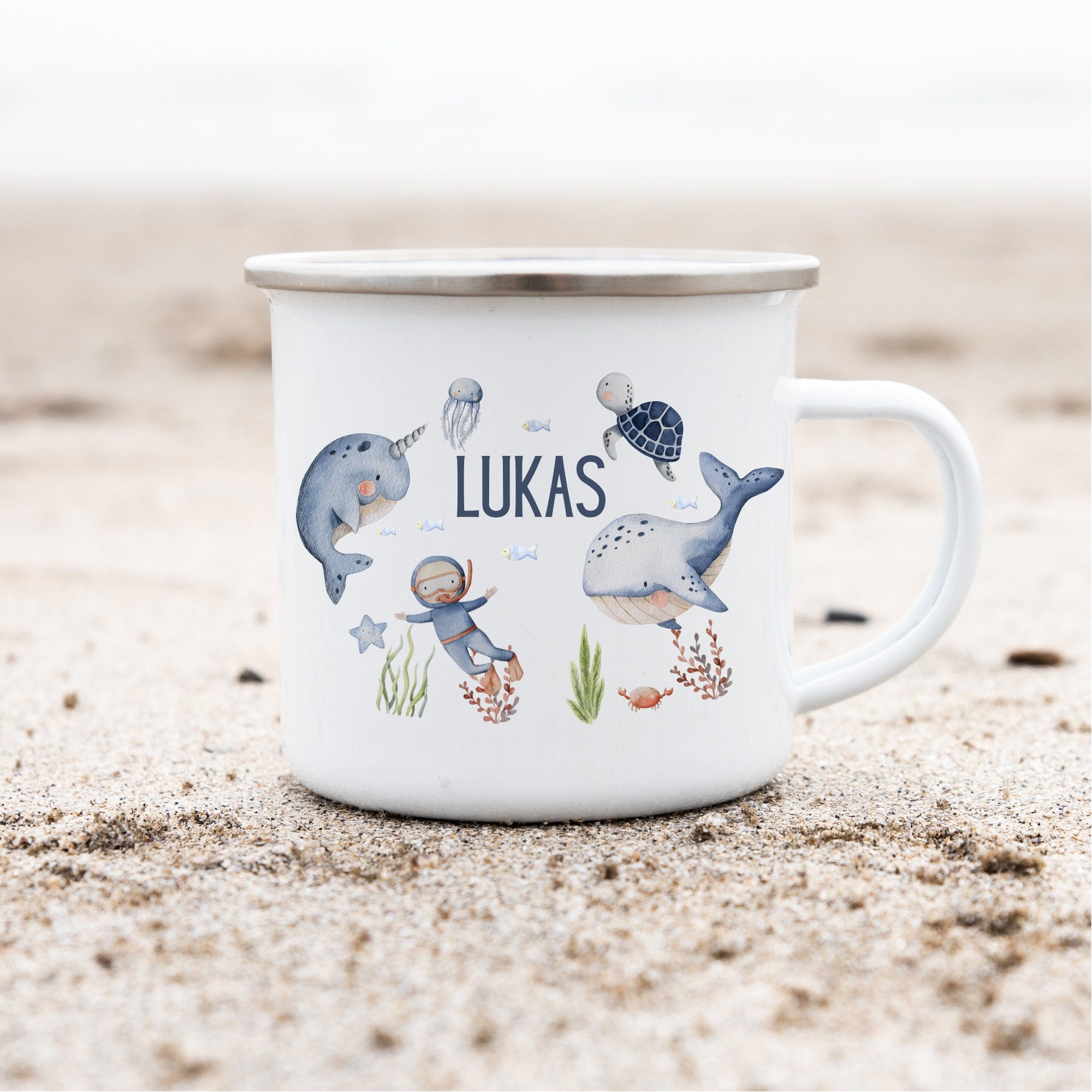 Emailletasse Tasse Becher mit Namen personalisiert Unterwasser Meer Wal Taucher Qualle