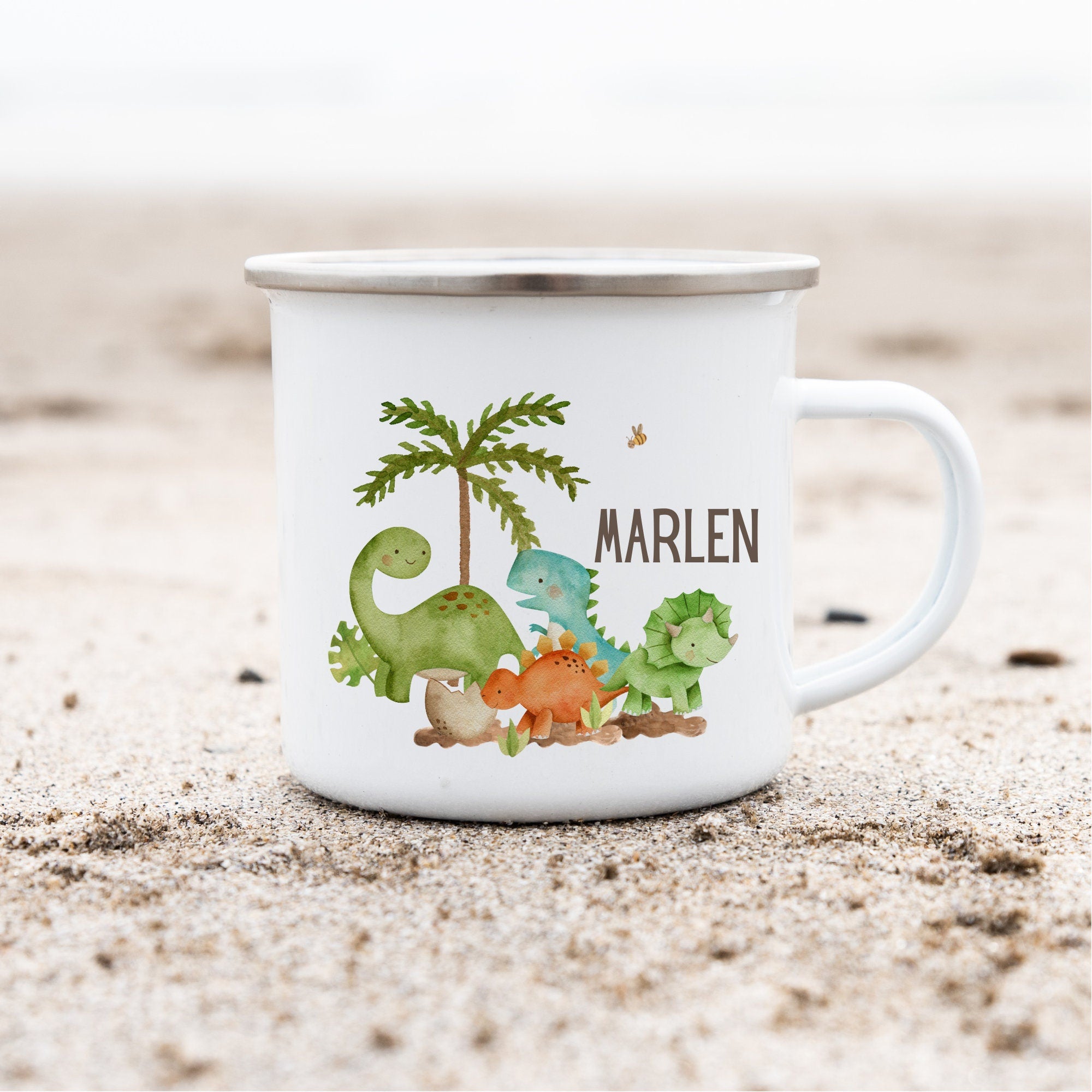 Emailletasse mit Namen personalisiert Dino Dinosaurier