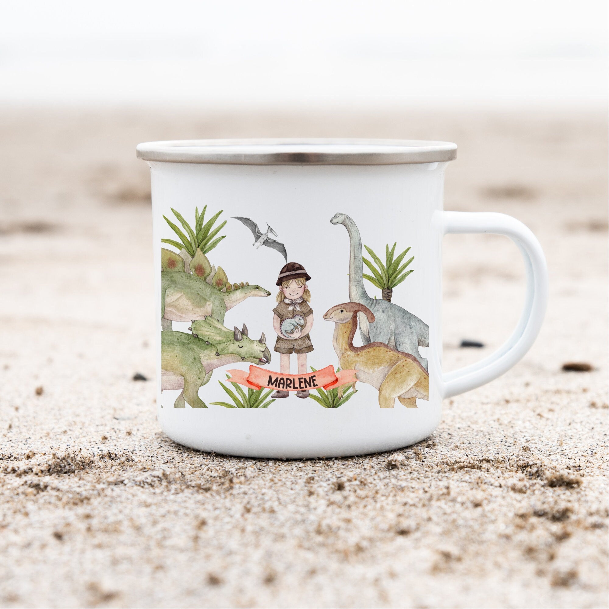 Emailletasse mit Namen personalisiert Dino Dinosaurier Dino-Baby