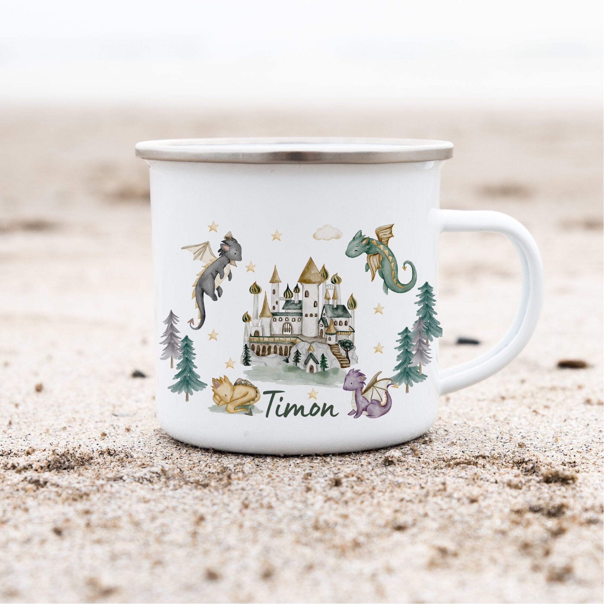 Emailletasse Tasse Becher mit Namen personalisiert Drache Ritter Schloß Dragon