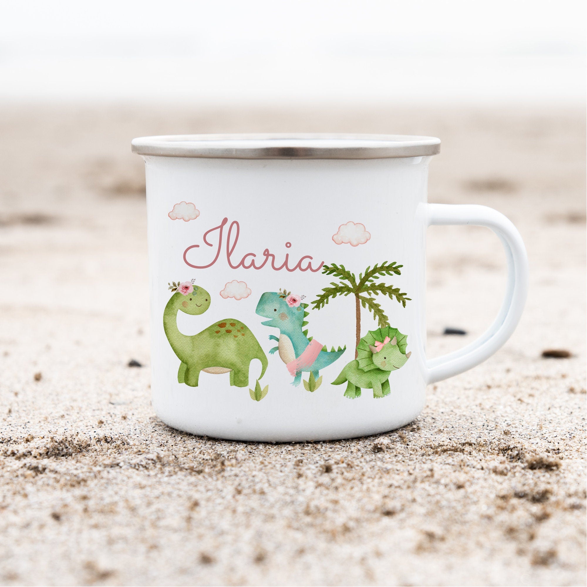 Emailletasse mit Namen personalisiert Dino Dinosaurier