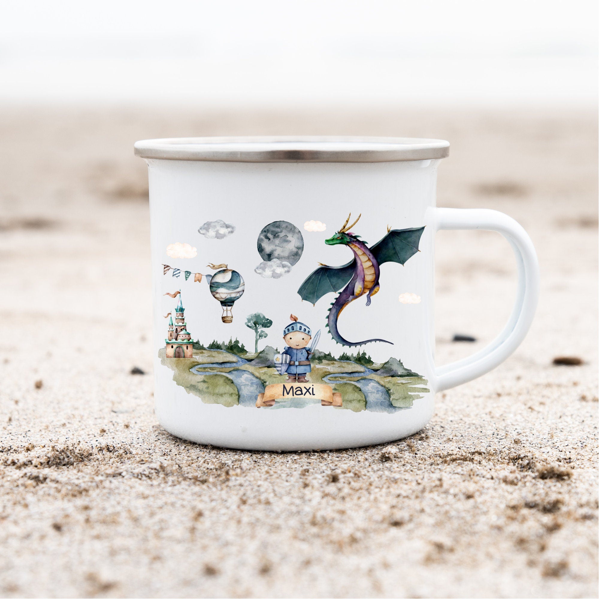 Emailletasse Tasse Becher mit Namen personalisiert Drache Ritter Schloß Dragon