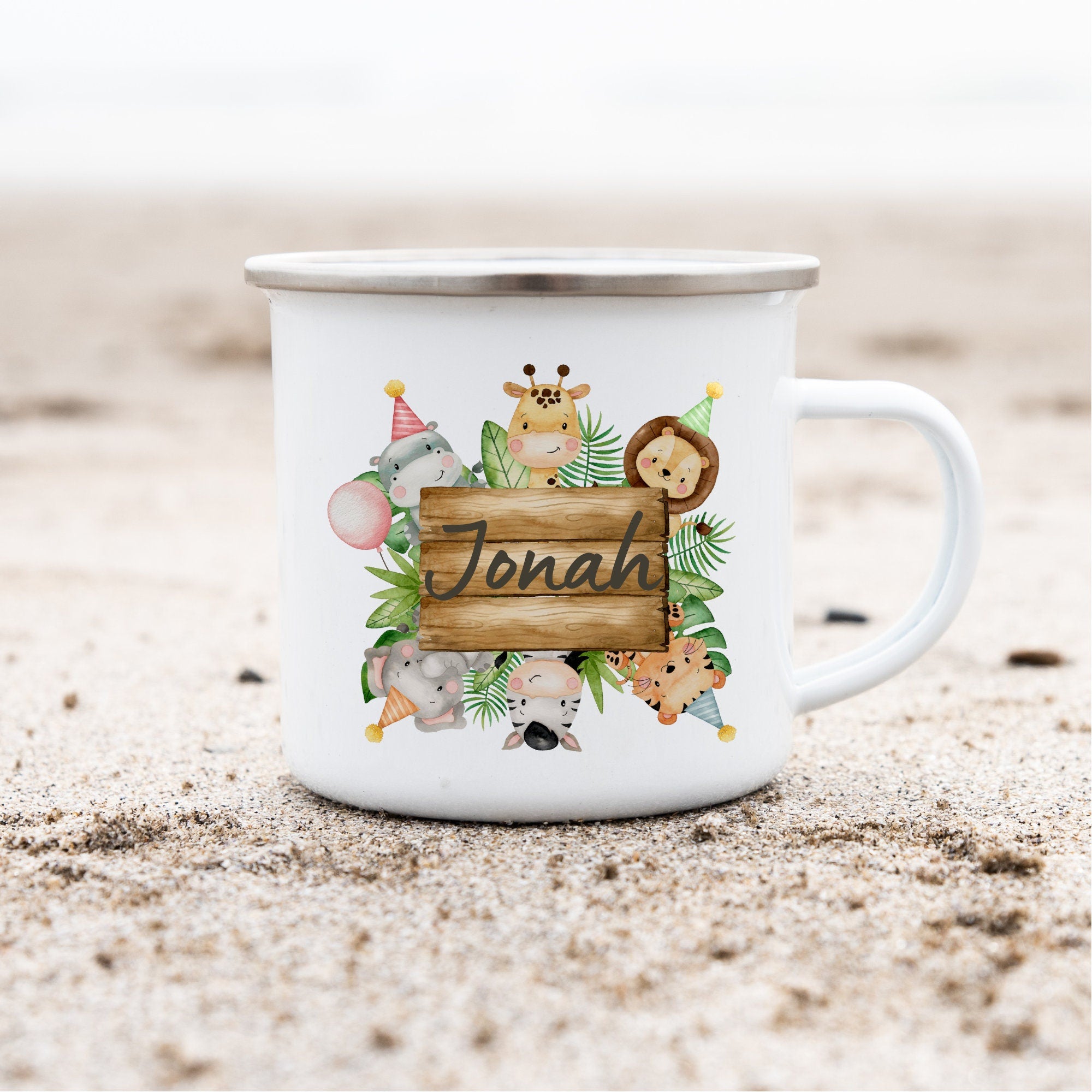 Emailletasse Tasse Becher mit Namen personalisiert Safari Dschungel Dschungeltiere