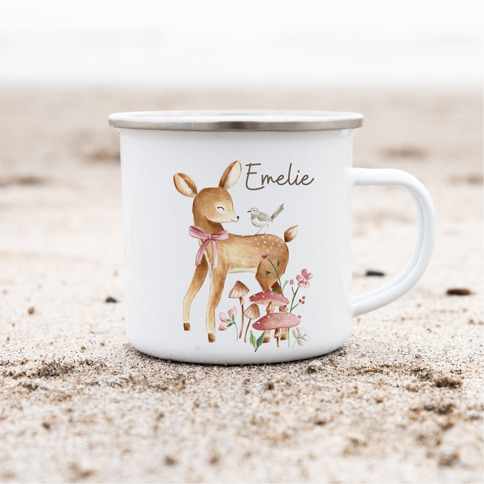 Emailletasse mit Namen personalisiert Waldtiere Reh