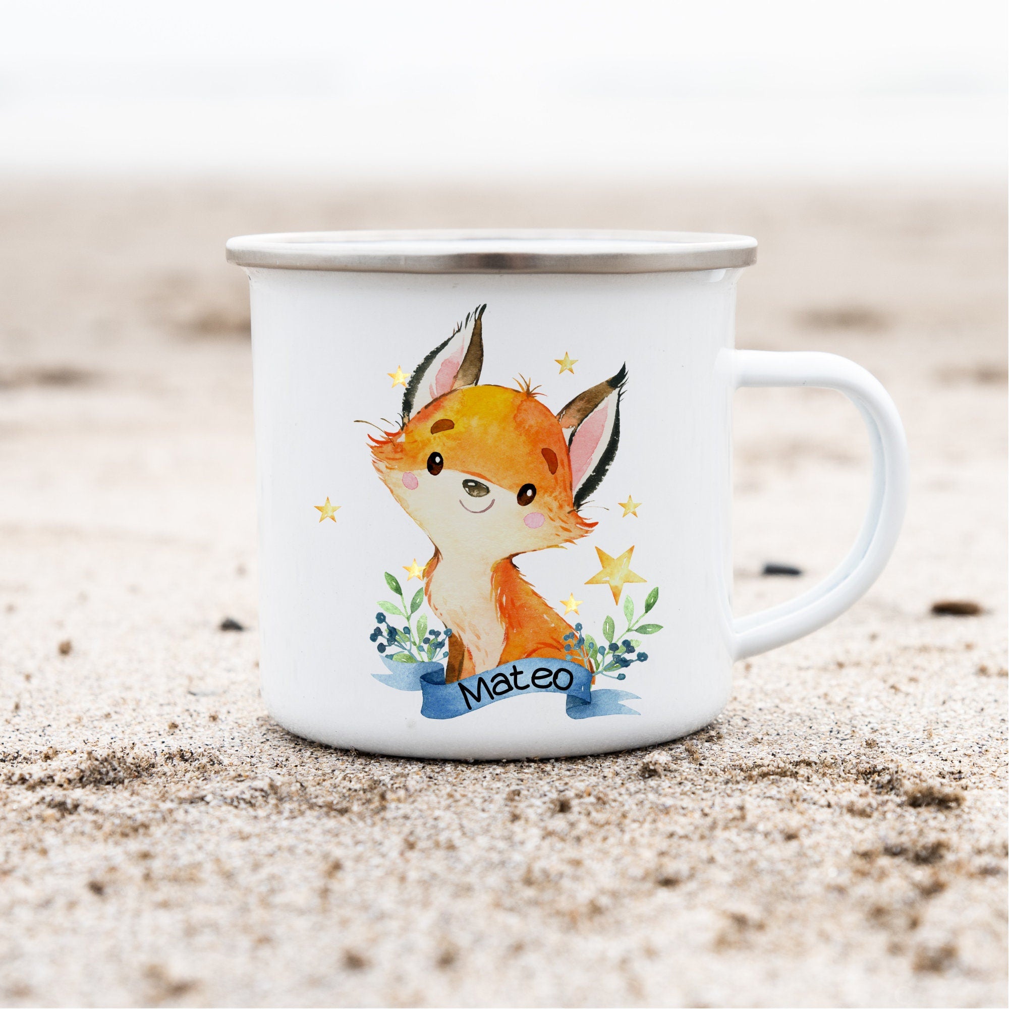 Emailletasse mit Namen personalisiert Waldtiere Fuchs Reh – Mugs