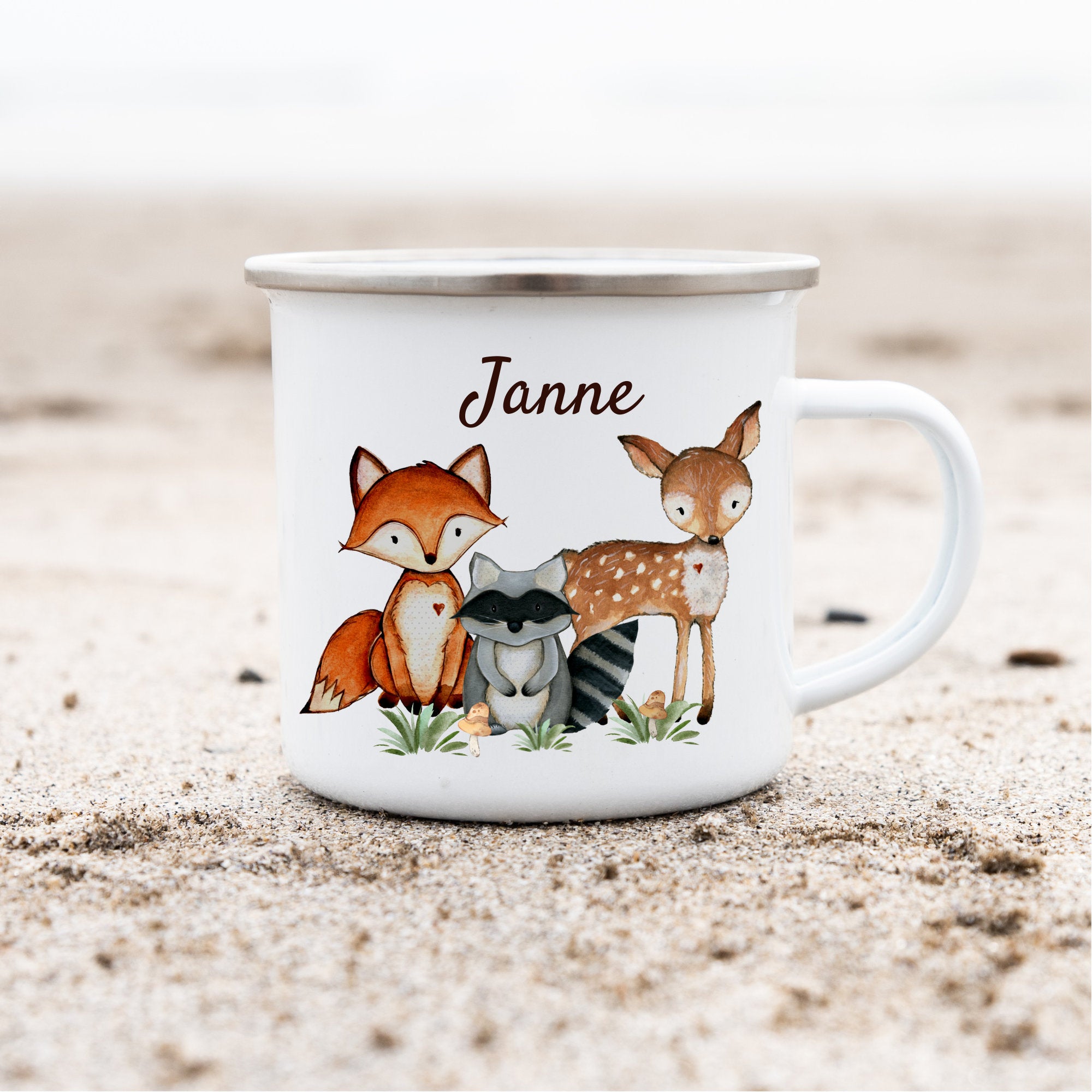 Emailletasse mit Namen personalisiert Waldtiere Fuchs Reh