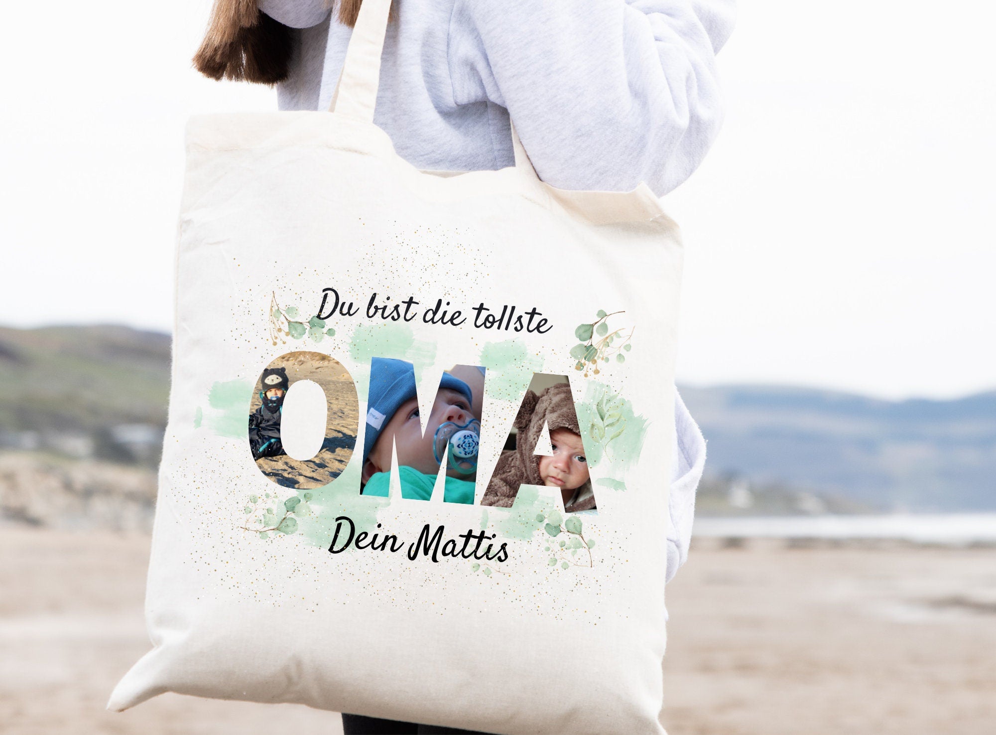 Jutebeutel Geschenk für die Oma mit Fotos und Namen personalisiert