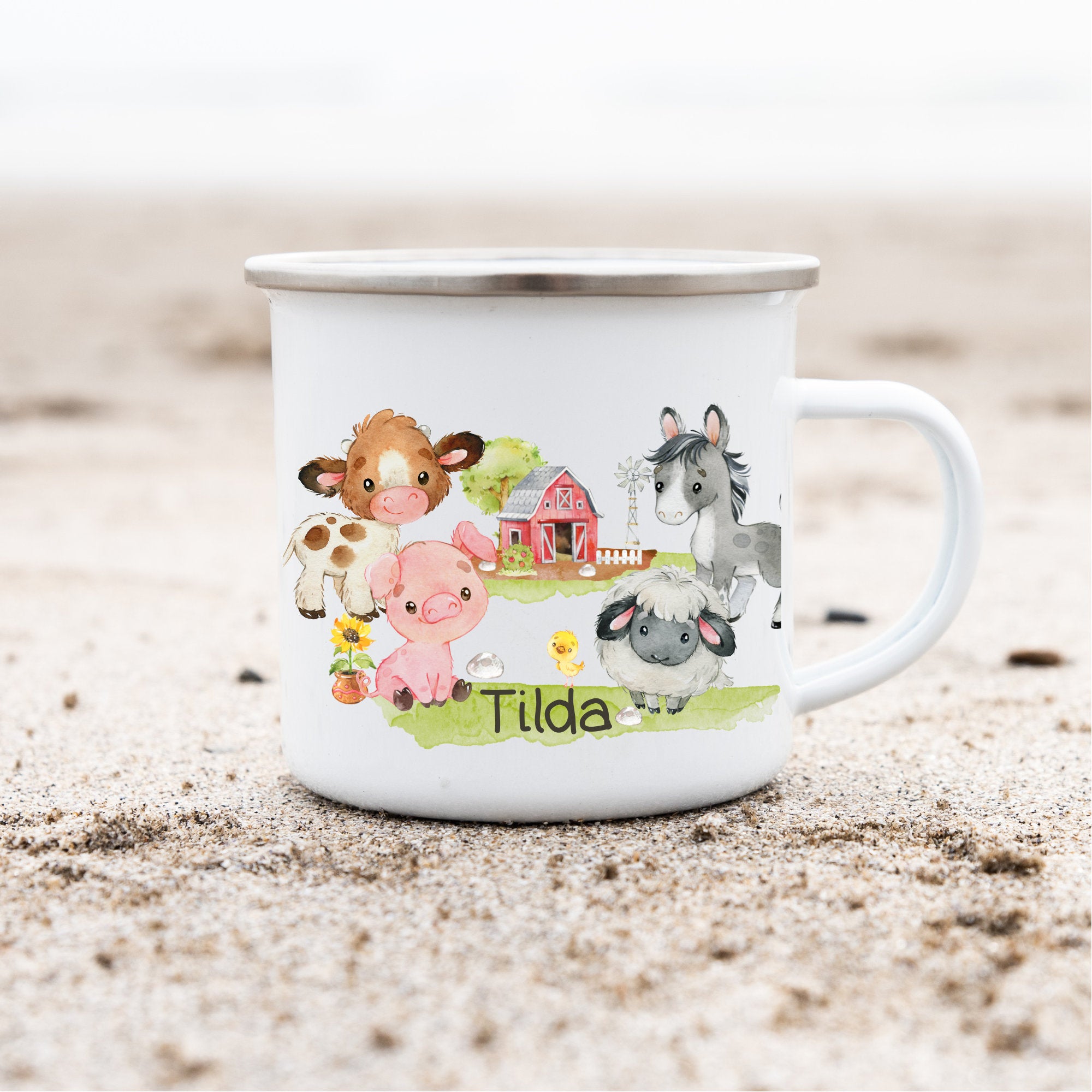 Emailletasse mit Namen personalisiert Traktor Trecker Bauernhof Pferd Kuh Schaf Schwein – Mugs