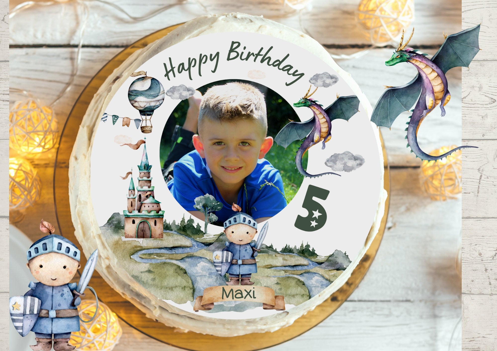Tortenaufleger mit Foto Fondant Geburtstag Drache Dragon Ritter Schloss Märchen – Party Decor