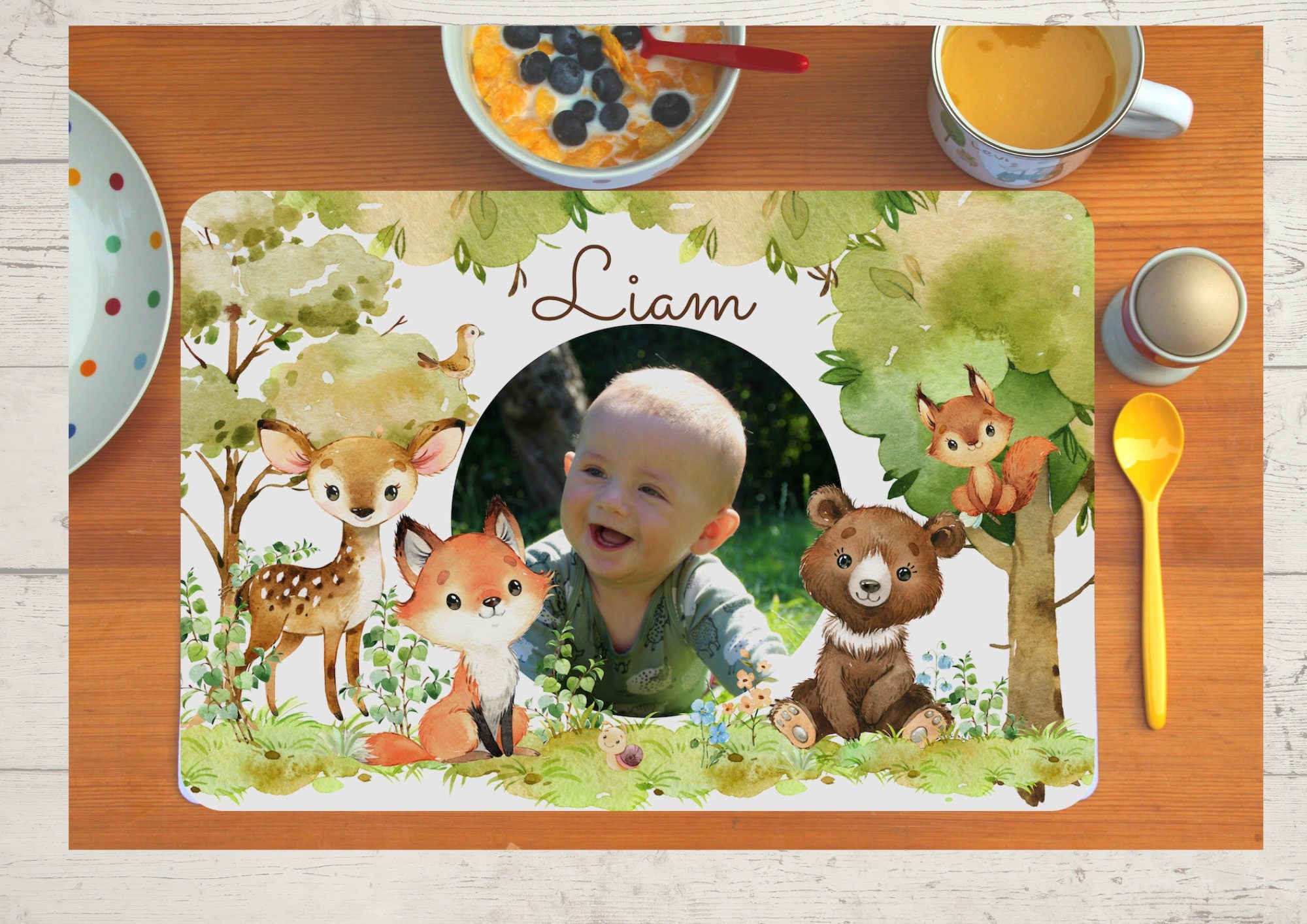 Platzdeckchen mit Name und Foto Waldtiere Fuchs Reh Bär – Placemats