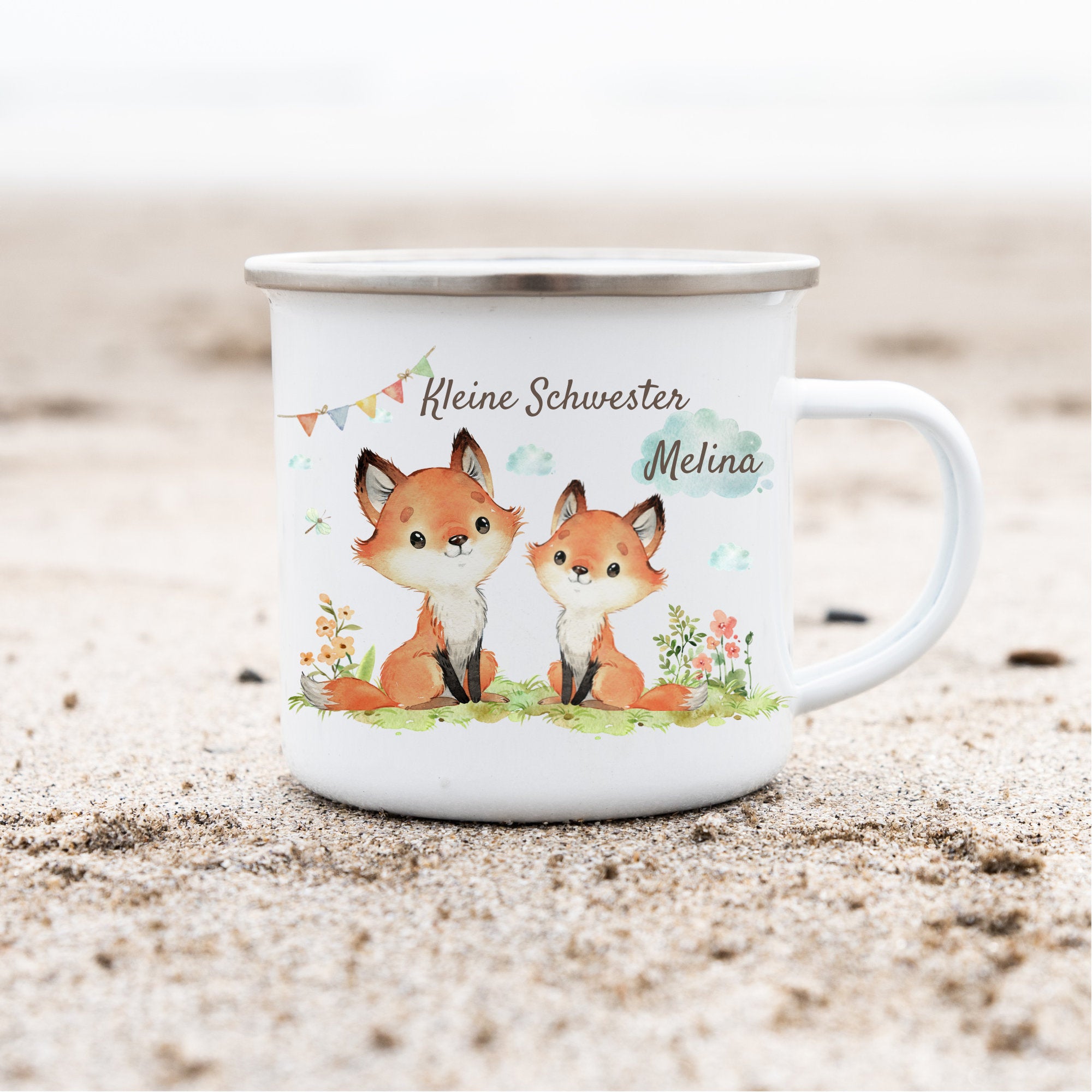 Emailletasse mit Namen personalisiert Fuchs Großer Bruder Schwester Kleiner Bruder Schwester