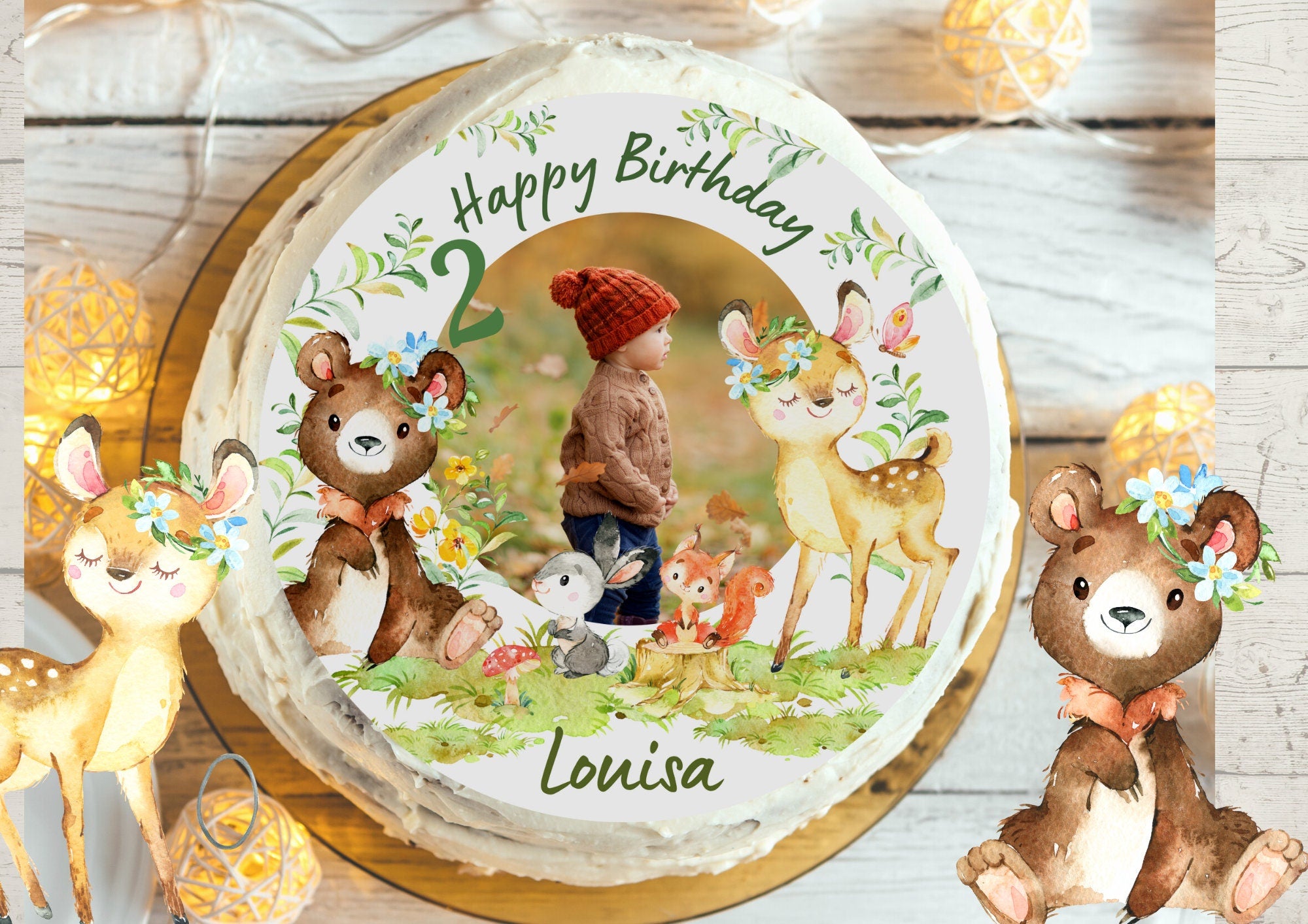 Tortenaufleger mit Foto Fondant Geburtstag Waldtiere Fuchs Reh Waschbär – Party Decor