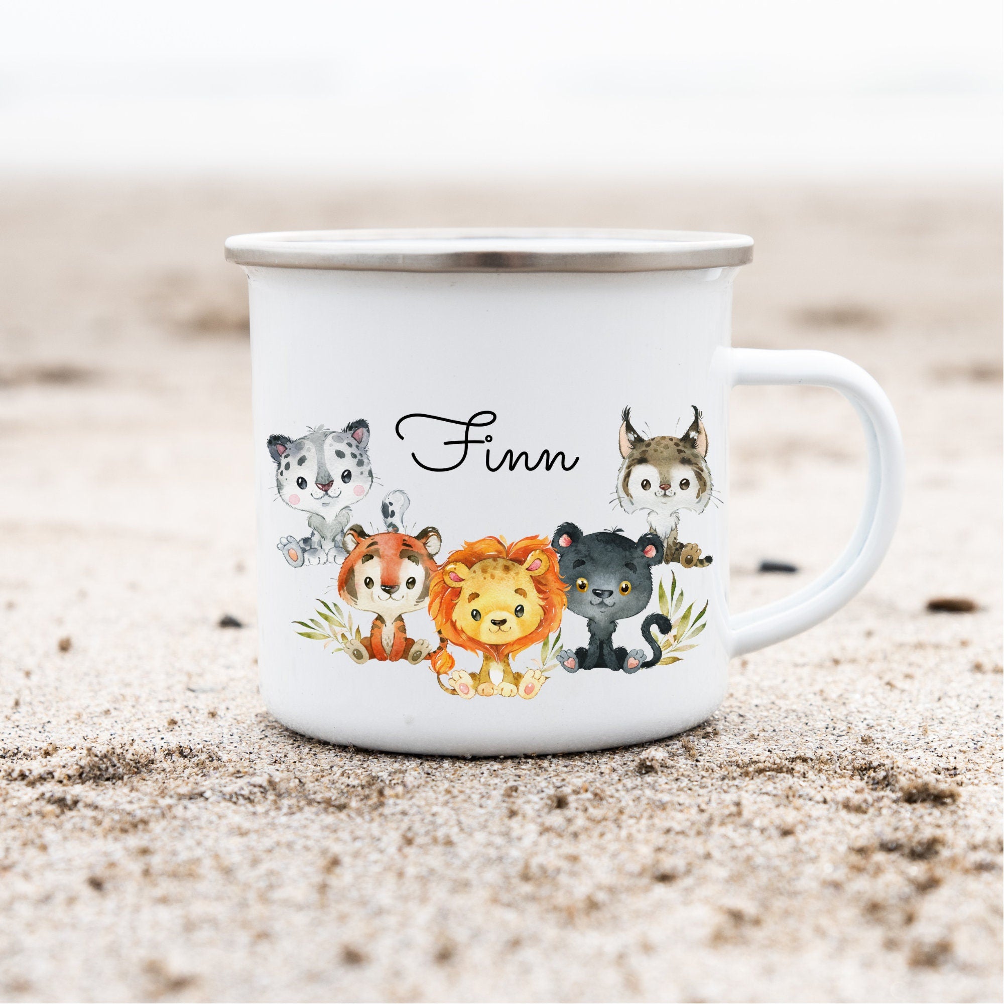 Emailletasse mit Namen personalisiert Dschungel Löwe Wildkatze Tiger Leopard Safari