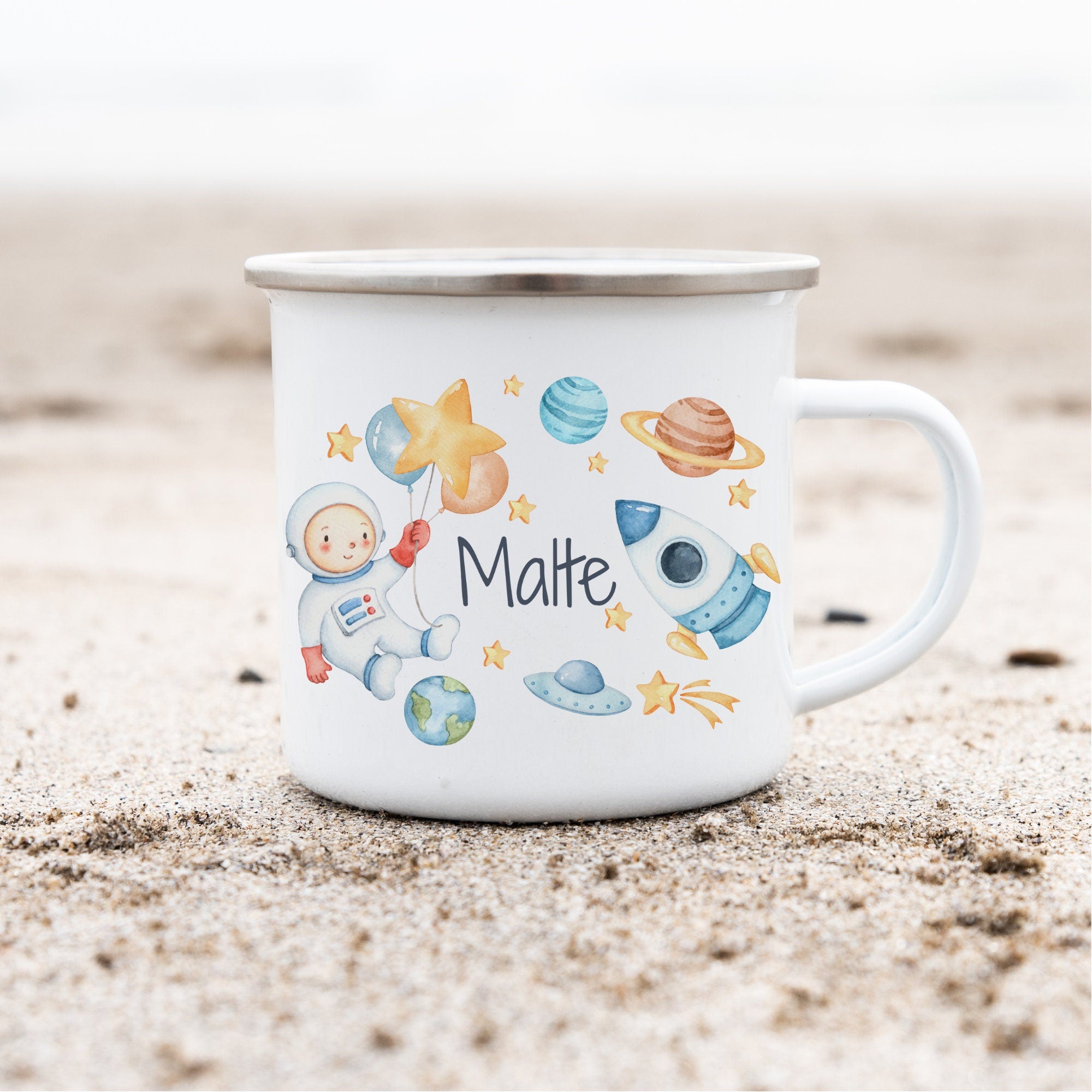 Emailletasse mit Namen personalisiert Astronaut Planet Weltraum Weltall Raumschiff