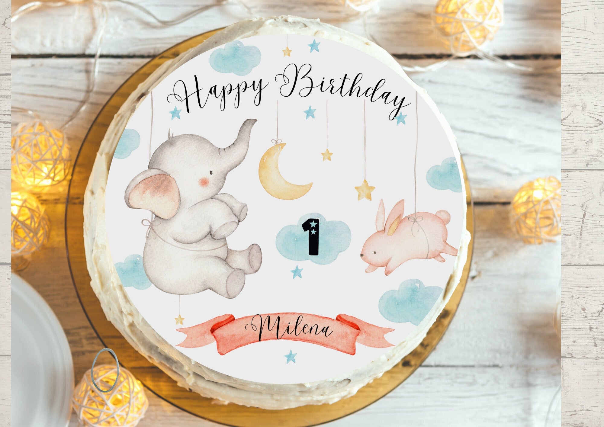 Tortenaufleger Fondant Geburtstag Elefant Baby Wolken Himmel Tiere