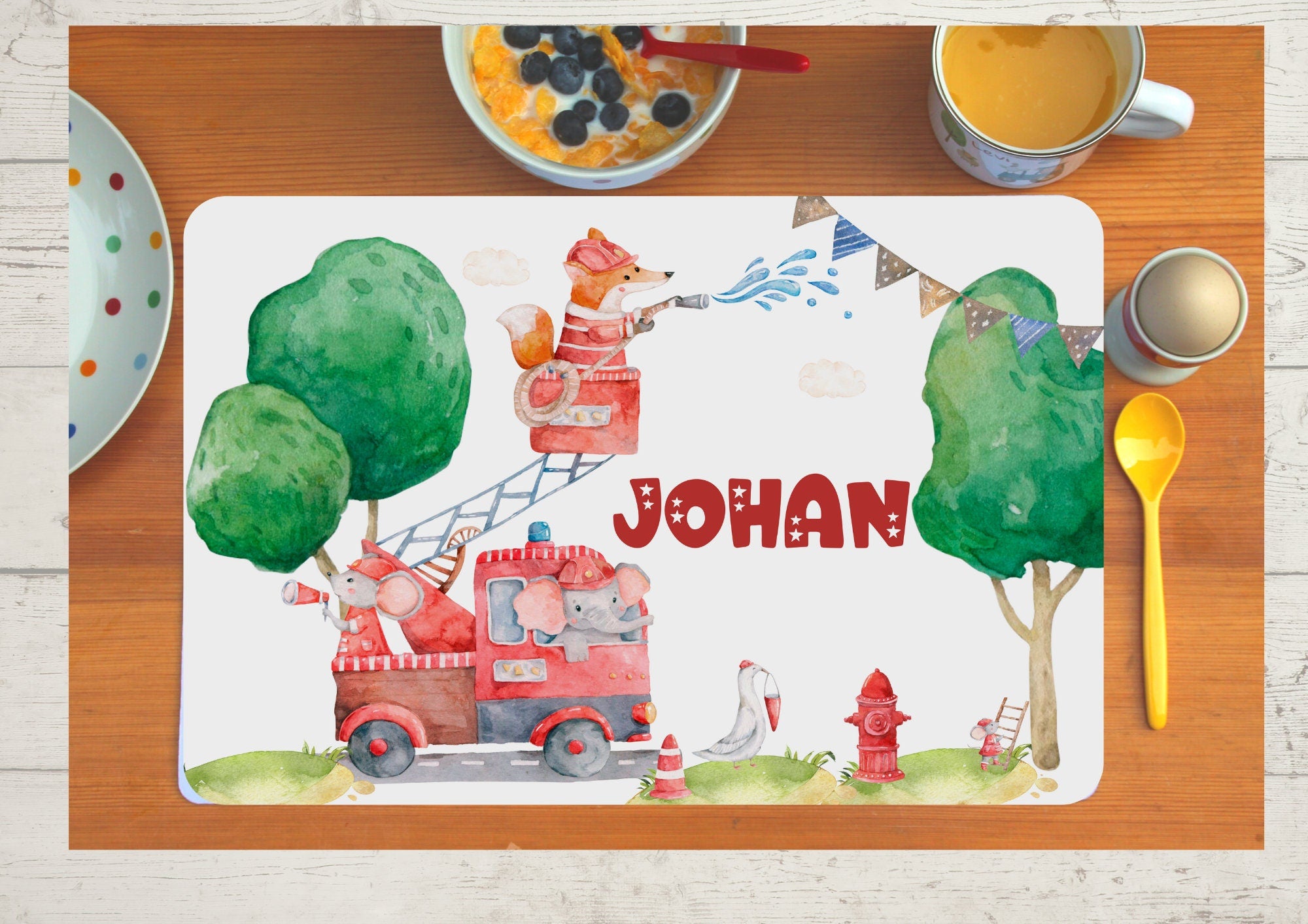 Platzdeckchen mit Name Feuerwehr Feuerwehrauto Rettungsfahrzeug Elefant Fuchs – Placemats