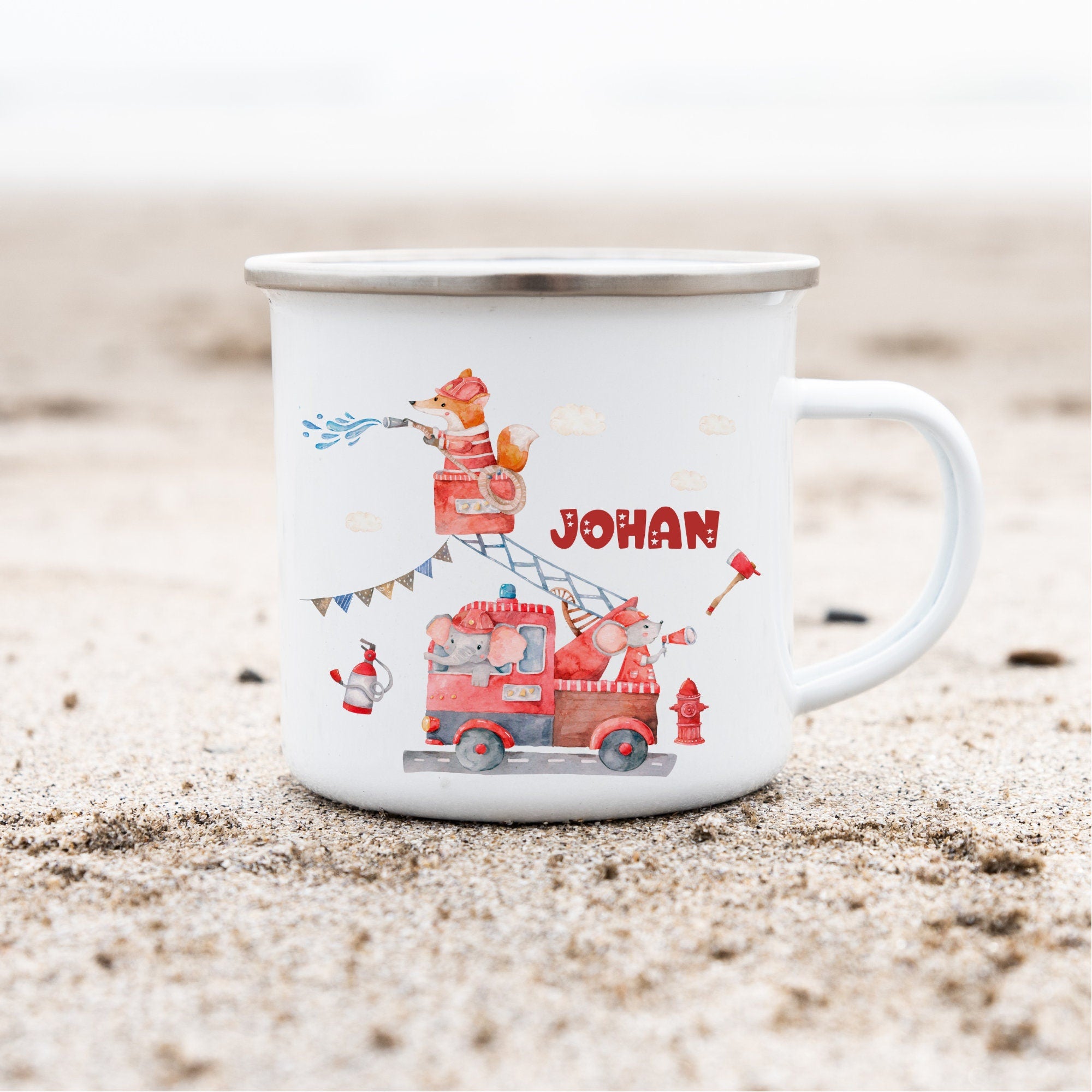 Emailletasse mit Namen personalisiert Feuerwehr Feuerwehrmann Rettungsfahrzeuge Fuchs Elefant – Mugs