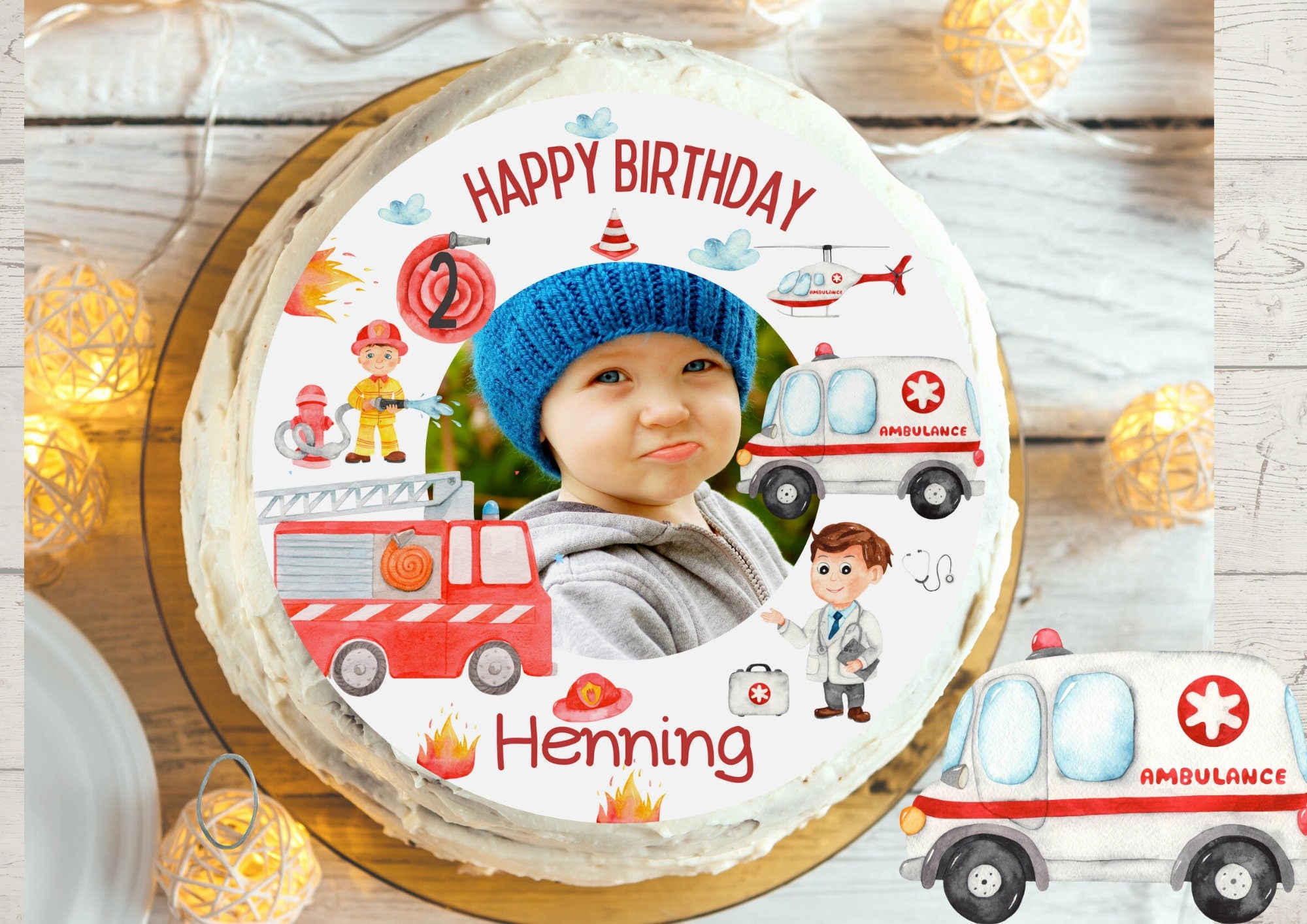 Tortenaufleger mit Foto Fondant Geburtstag Feuerwehr Feuerwehrmann Krankenwagen Rettungsfahrzeug – Party Decor