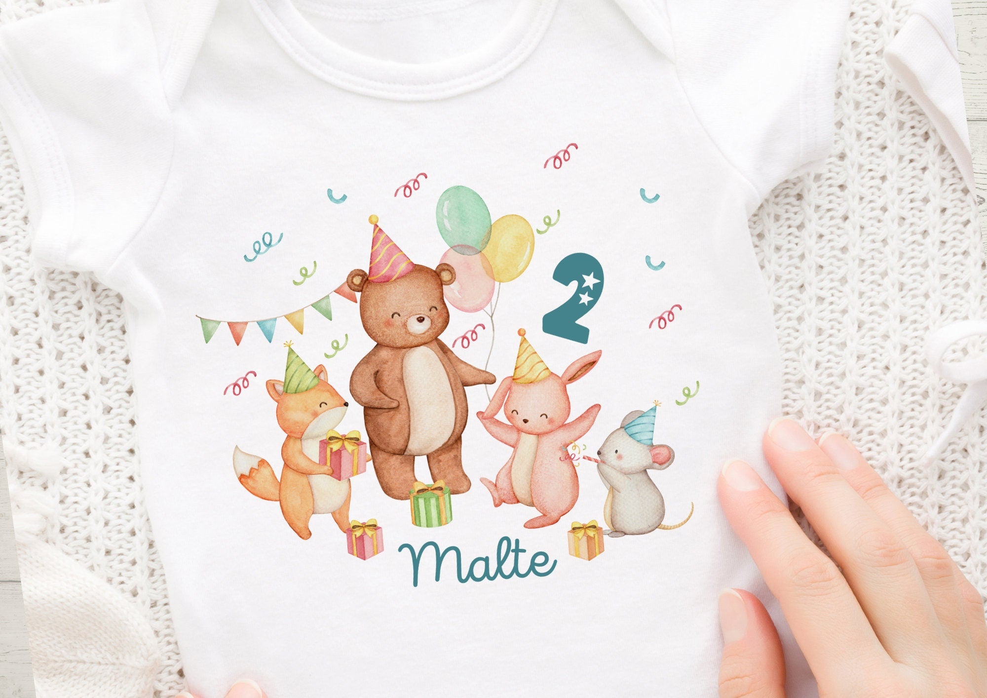 Bügelbild mit Wunschname und Alter personalisiert Waldtiere Fuchs Hase Reh Party Partytiere