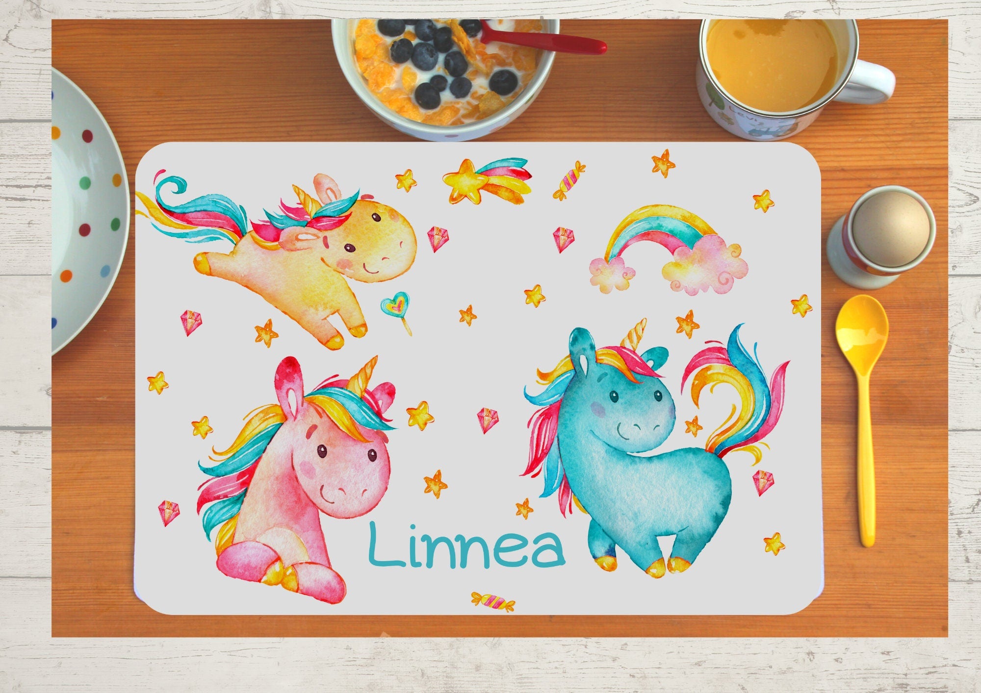 Platzdeckchen mit Name Einhorn Rosa Regenbogen