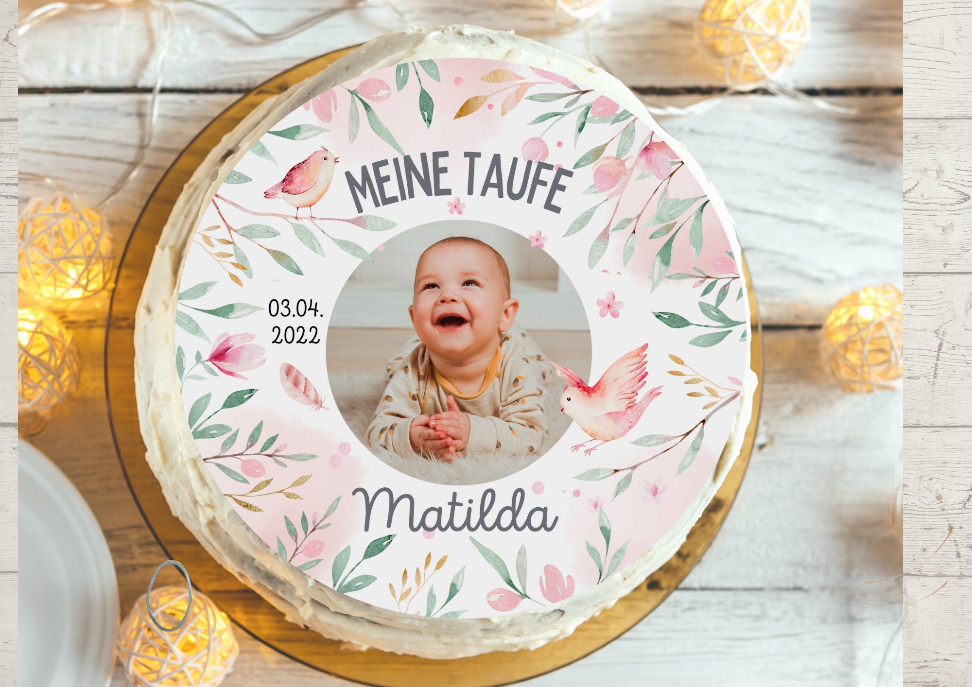 Tortenaufleger für die Taufe mit Foto Lebensbaum Fondant Taufe Vogel Frühling Blumen