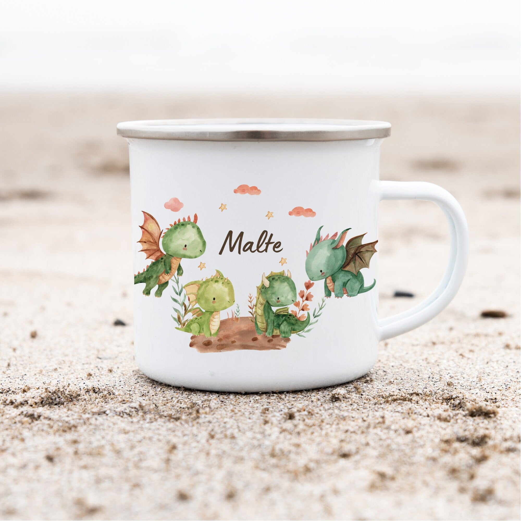 Emailletasse Tasse Becher mit Namen personalisiert Drache Ritter Schloß Dragon Drachenbaby