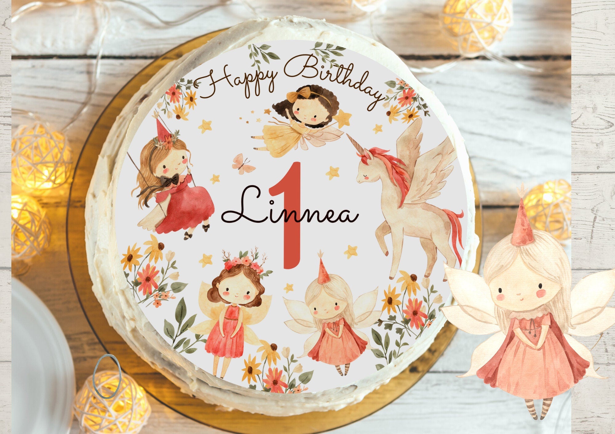 Tortenaufleger Fee Elfe Einhorn personalisiert – Fondantbild Ø20 cm mit Name & Alter – essbare Tortendeko Geburtstag vegan – Party Decor
