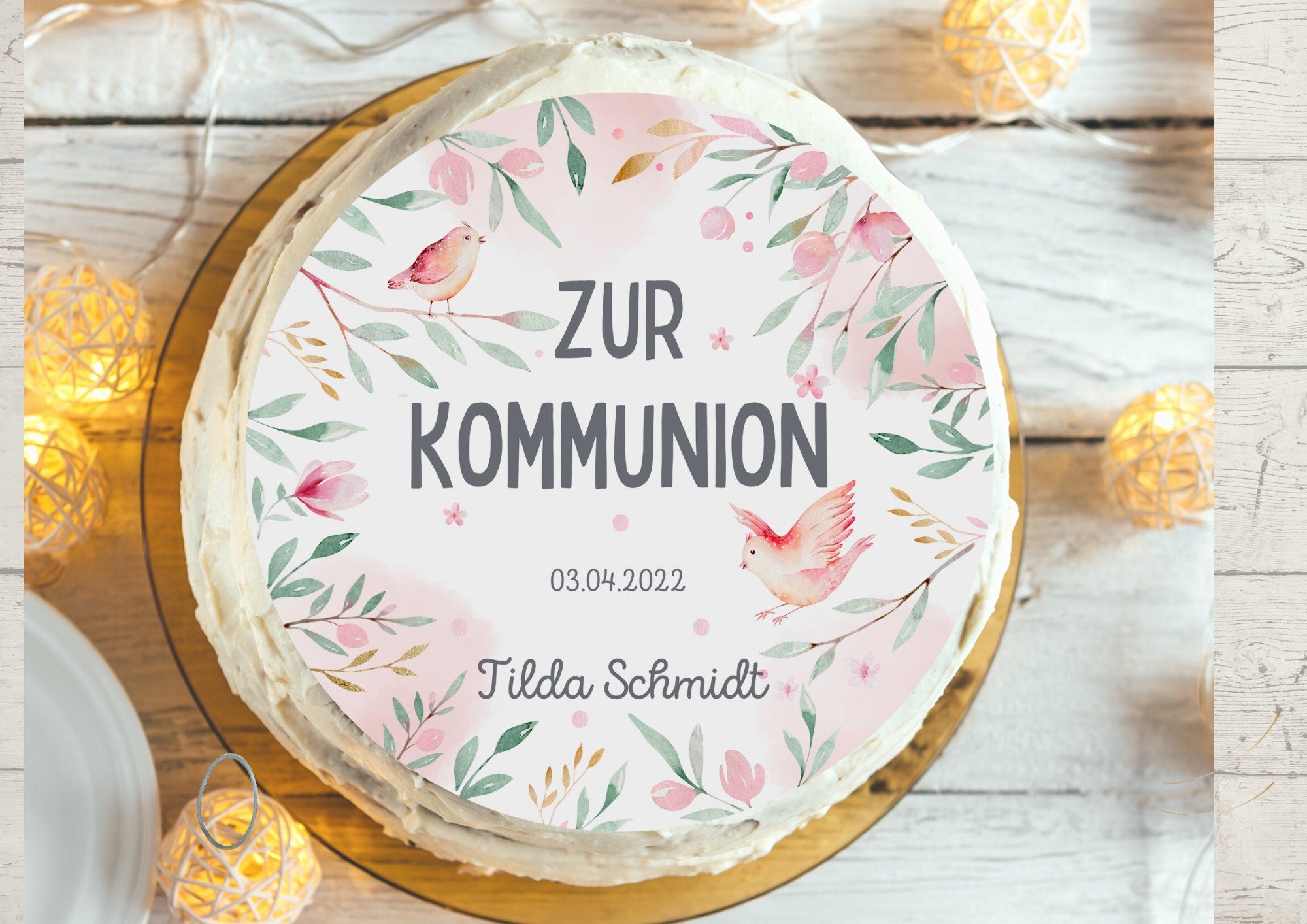 Tortenaufleger Kommunion personalisiert – essbare Fondant-Deko Lebensbaum rund für & n – handgemacht und vegan – Party Decor