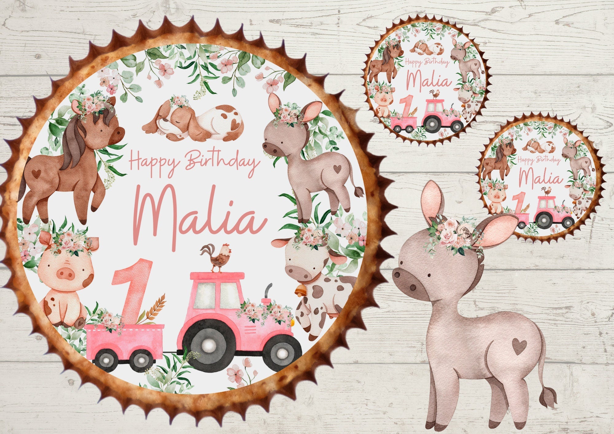 Muffinaufleger Fondant Geburtstag Traktor Trecker Bauernhof Bauernhoftiere rosa Pferd Esel Kuh – Party Decor