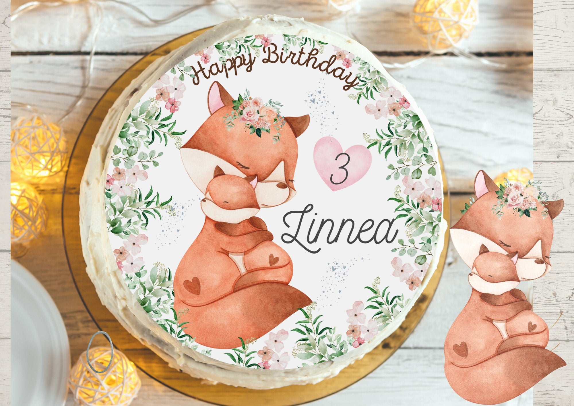 Tortenaufleger Fondant Geburtstag Fuchs Baby Mama Eukalyptus – Party Decor