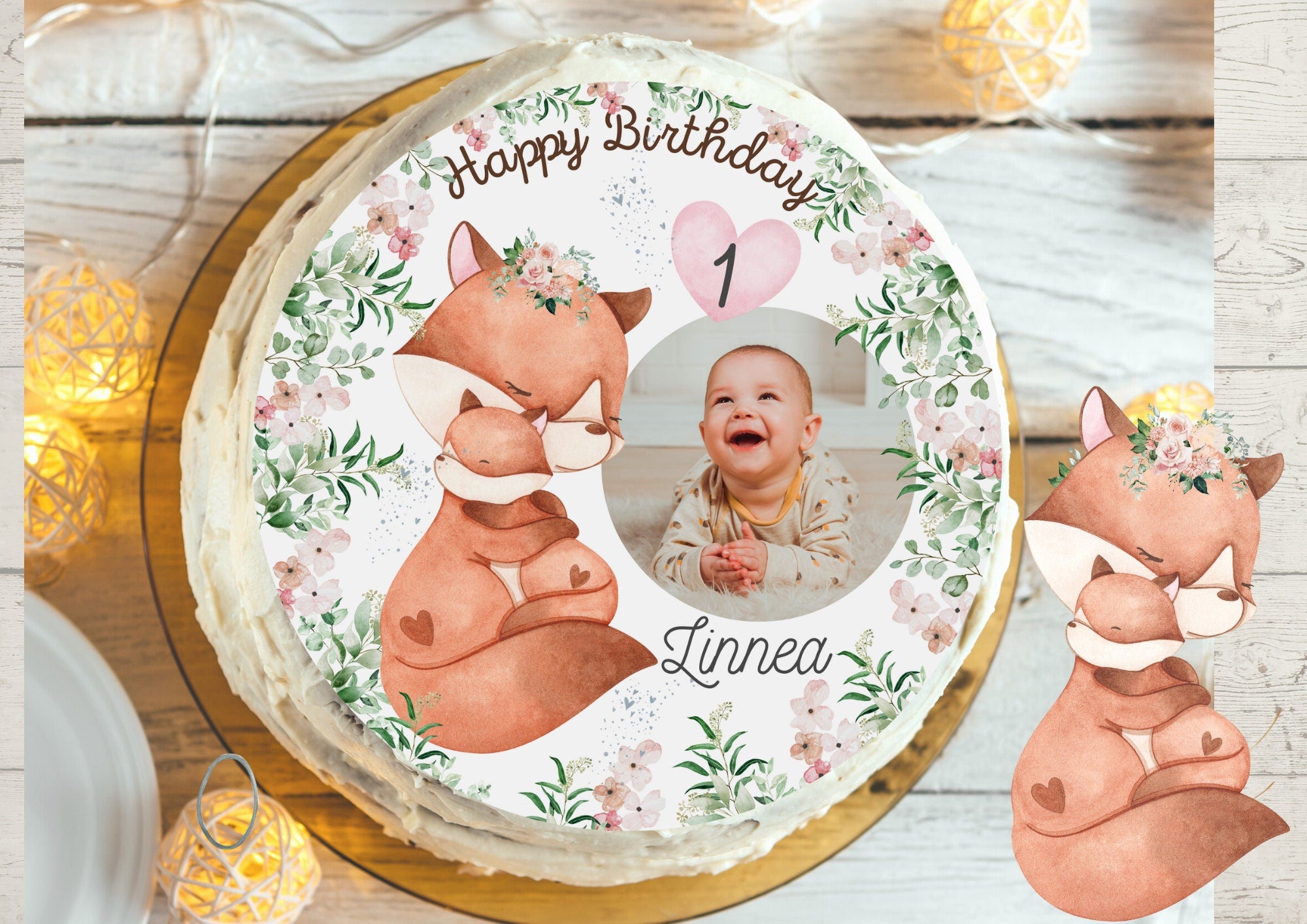 Tortenaufleger mit Foto Fondant Geburtstag Fuchs Mama Baby