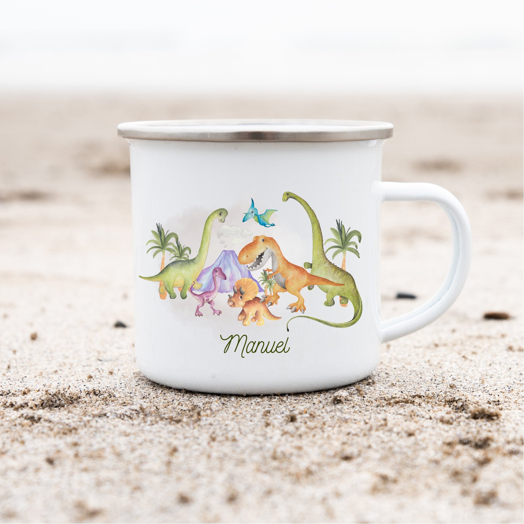 Emailletasse Tasse Becher mit Namen personalisiert Dinosaurier Dino T-Rex Tyrannosaurus