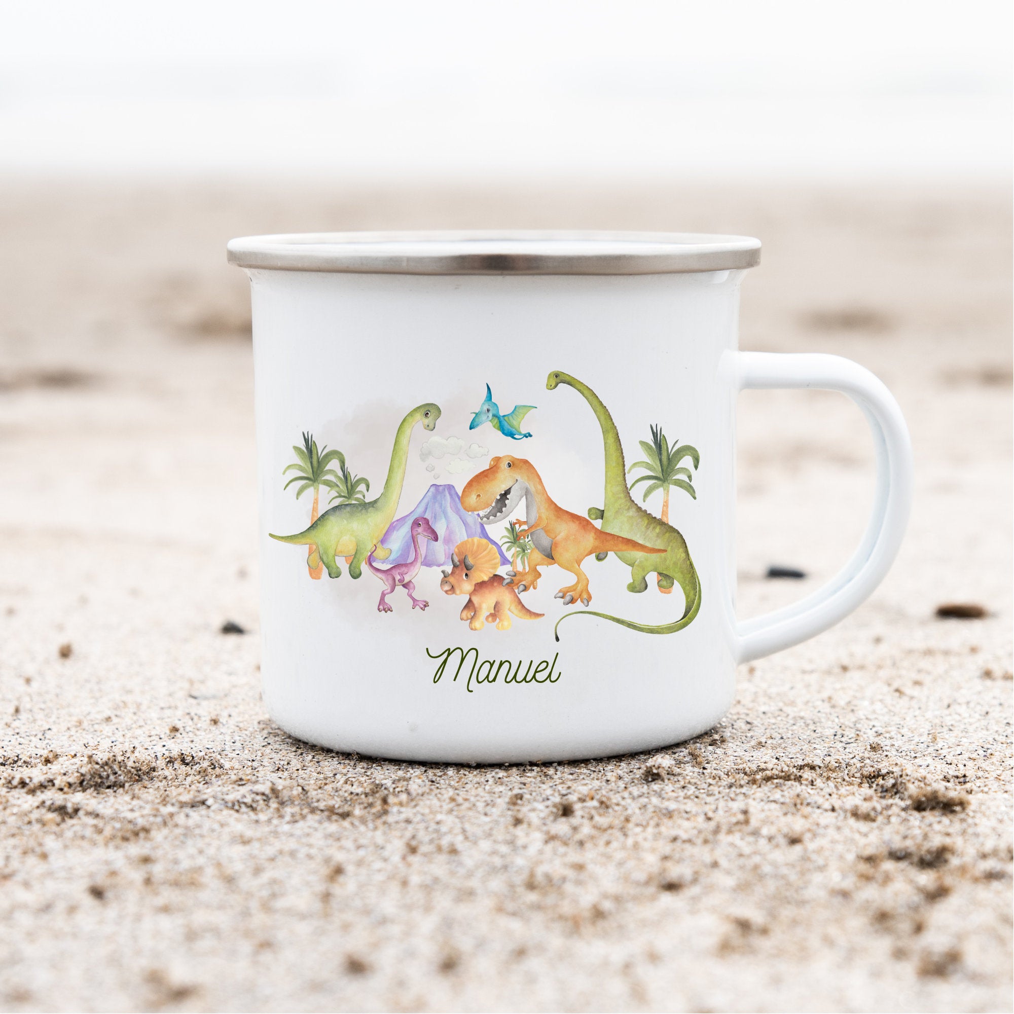 Emailletasse Tasse Becher mit Namen personalisiert Dinosaurier Dino T-Rex Tyrannosaurus – Mugs