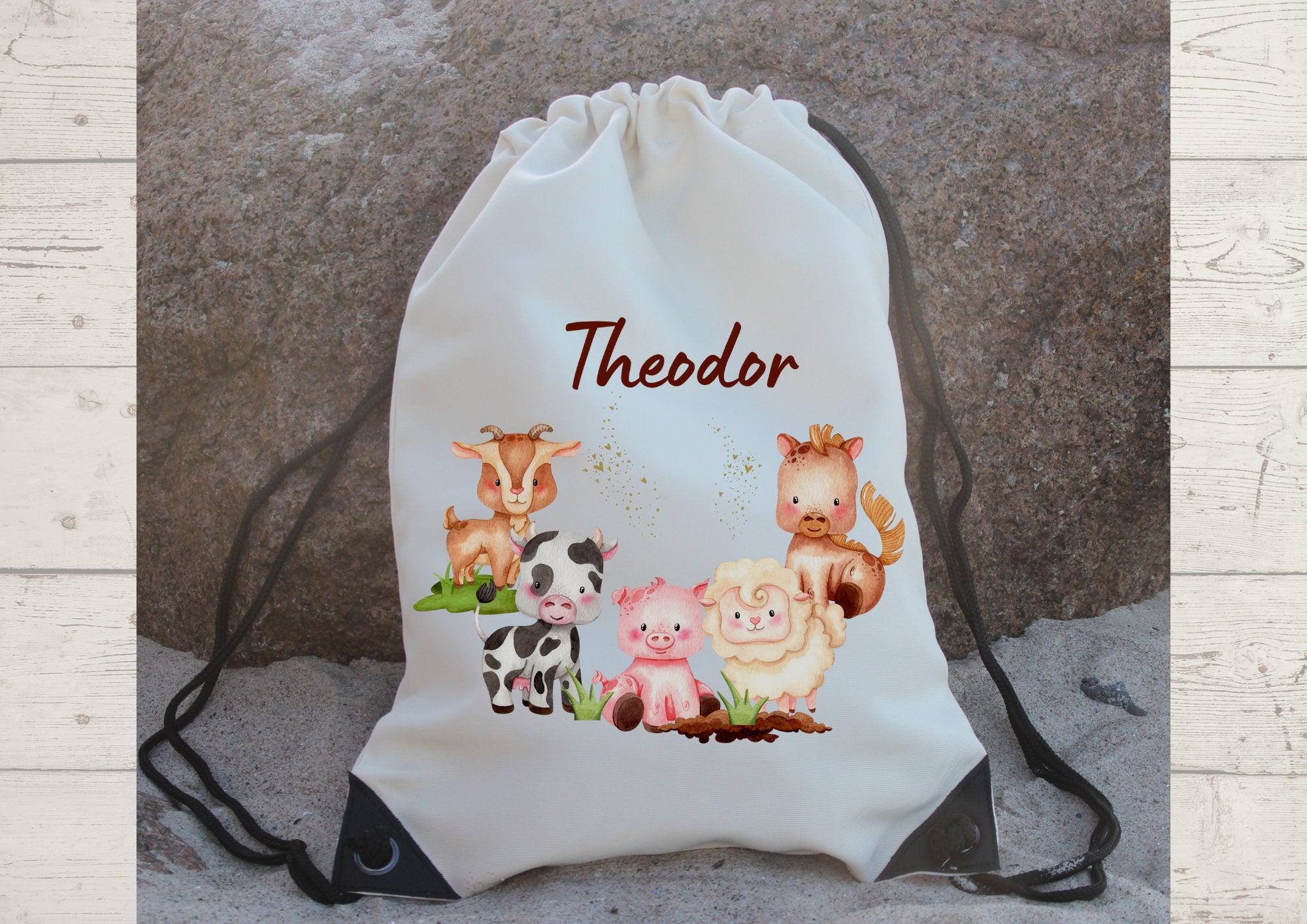 Turnbeutel mit Name personalisiert Traktor Bauernhof Bauernhoftiere Kuh Pferd Schaf Schwein – Team Sports & Gym Bags