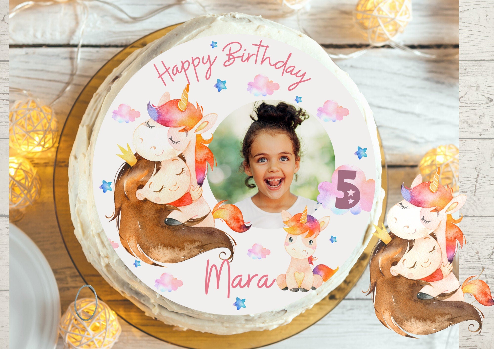 Tortenaufleger mit Foto Fondant Geburtstag Einhorn Einhorngeburtstag Glitzer Wünsche Sternenstaub – Party Decor