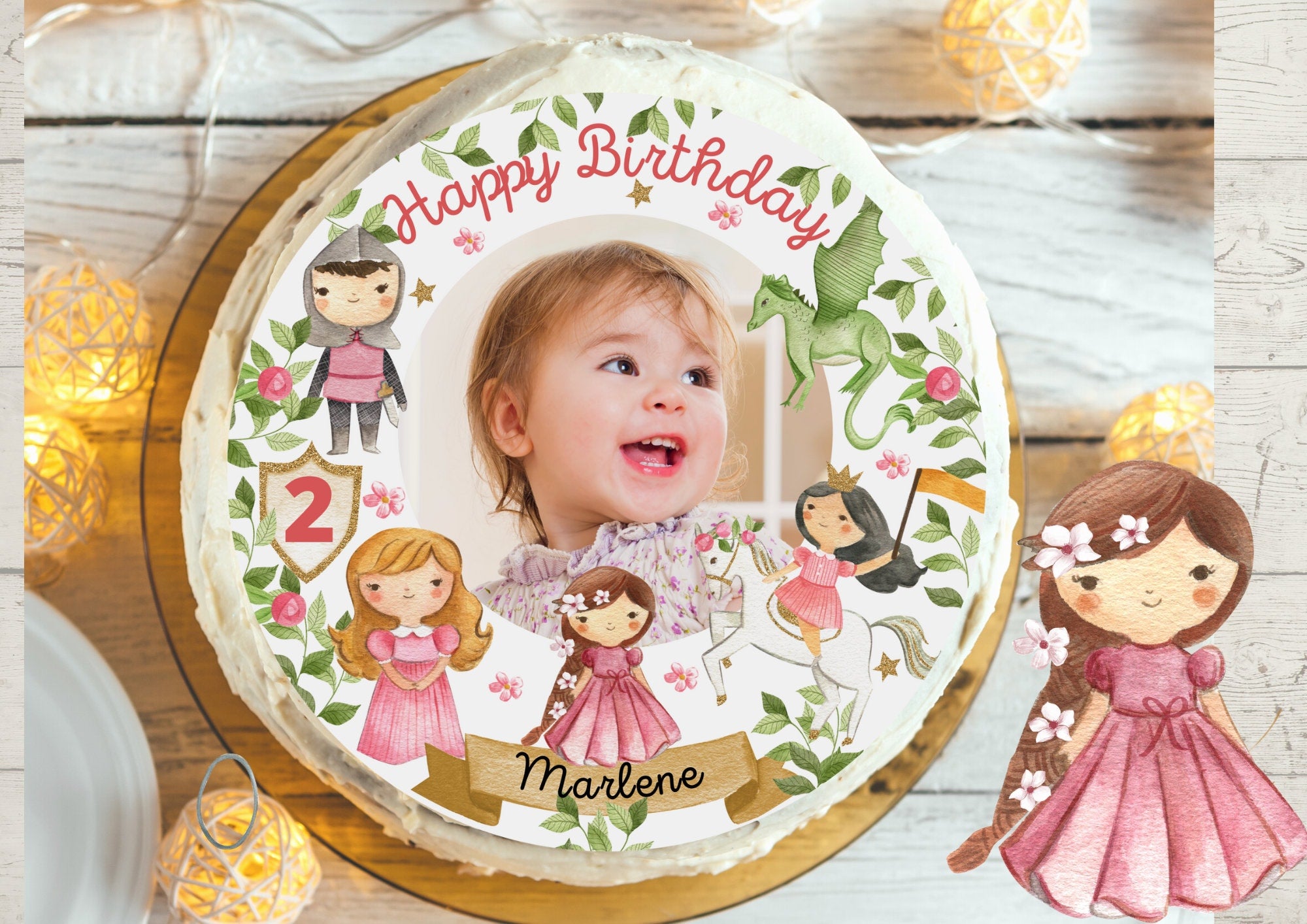 Tortenaufleger mit Foto personalisiert – Fondantbild Geburtstag – mit Name & Zahl – Prinzessin, Einhorn, Ritter – Party Decor