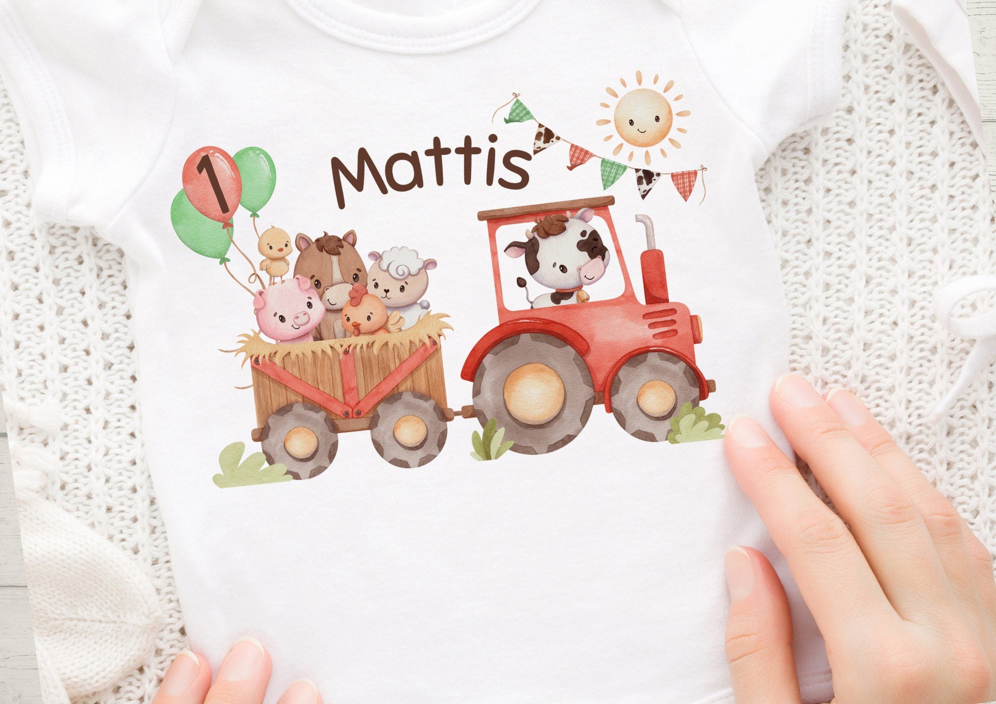 Bügelbild mit Traktor, Kuh, Schaf und Pferd – personalisiert mit Name und Alter – Kindergeburtstag DIY Applikation