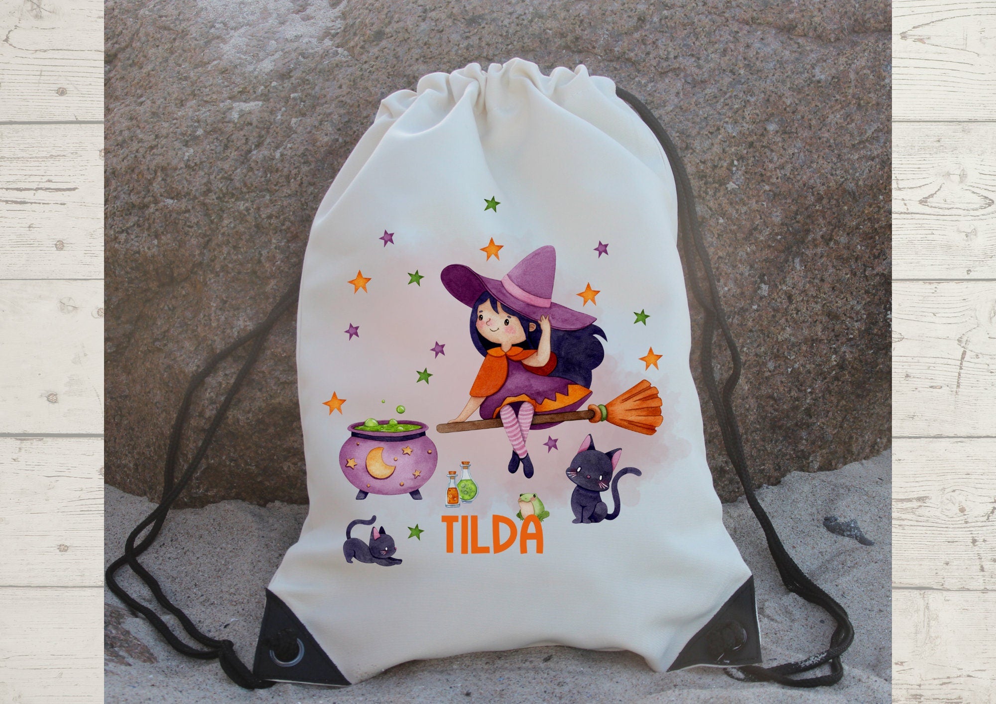 Turnbeutel mit Name personalisiert Hexe Hexenbesen Zaubertrank Katze – Team Sports & Gym Bags