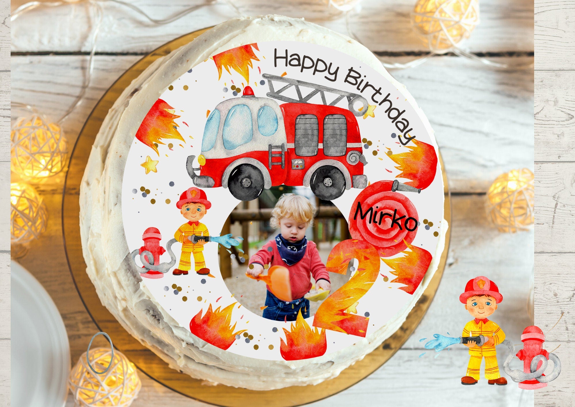 Feuerwehr Tortenaufleger mit Foto – essbare personalisierte Tortendeko zum Feuerwehr-geburtstag – Party Decor