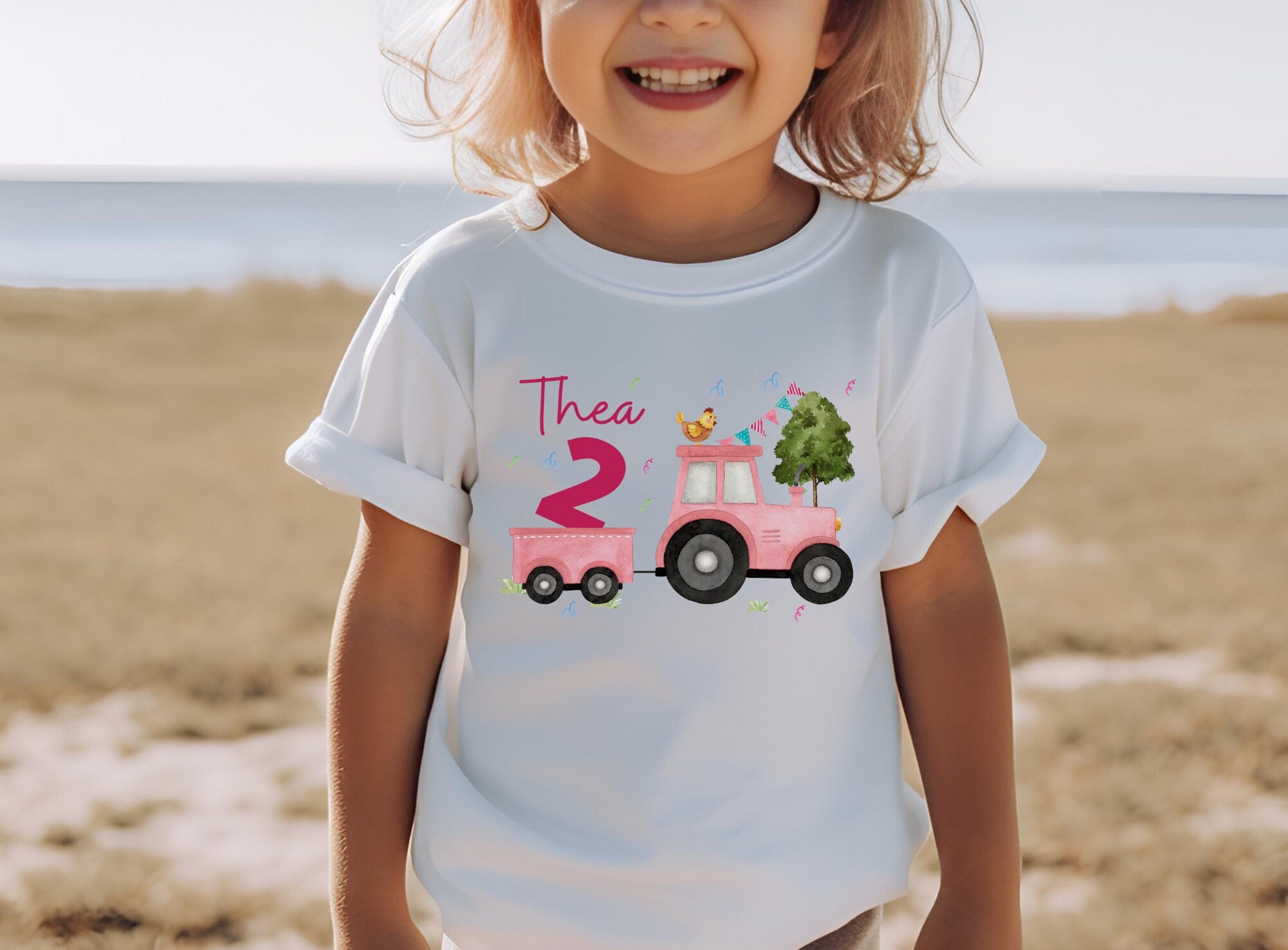 Geburtstagsshirt personalisiert Traktor Trecker Bauernhof Bauernhoftiere rosa – T-shirts