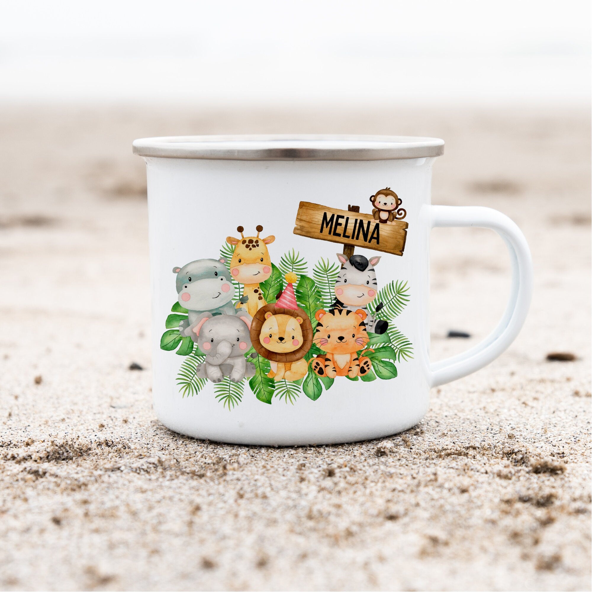 Emailletasse mit Namen personalisiert Dschungel Löwe Elefant Tiger – Mugs