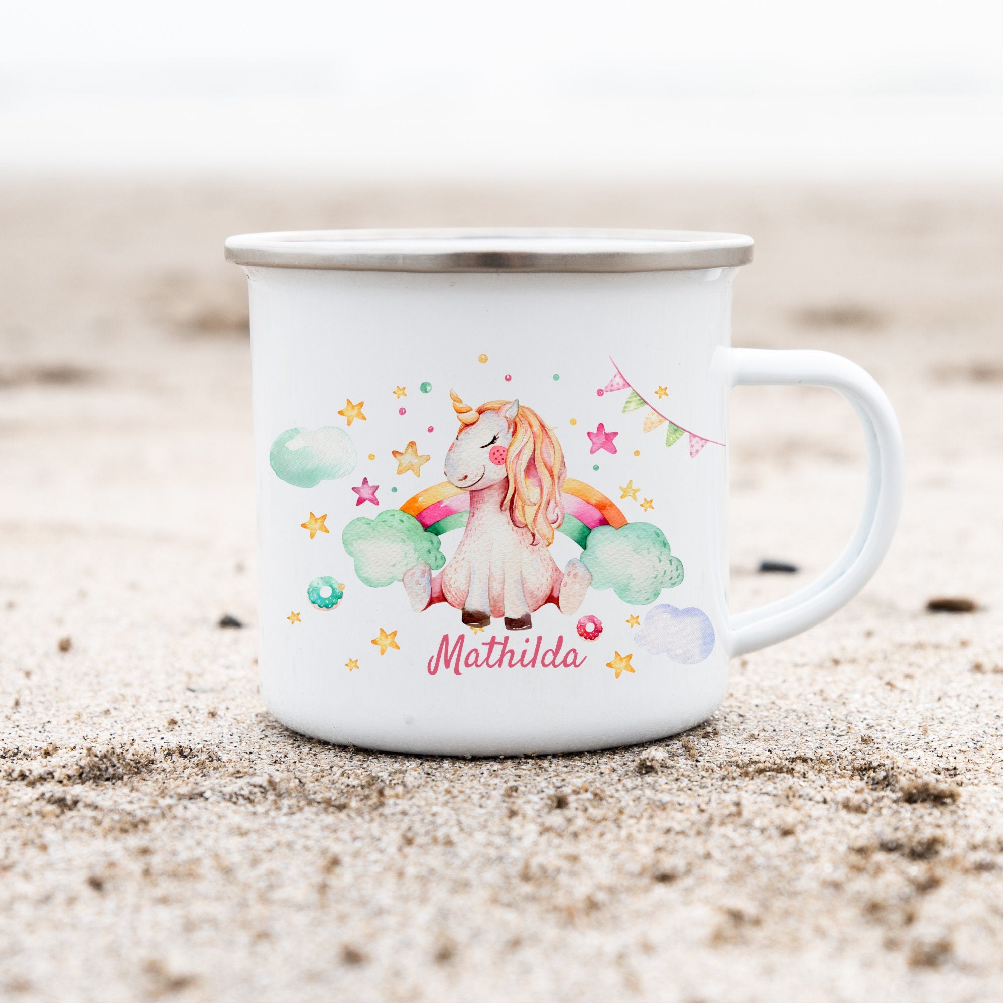 Emailletasse mit Namen personalisiert Einhorn Glitzer Sterne Regenbogen